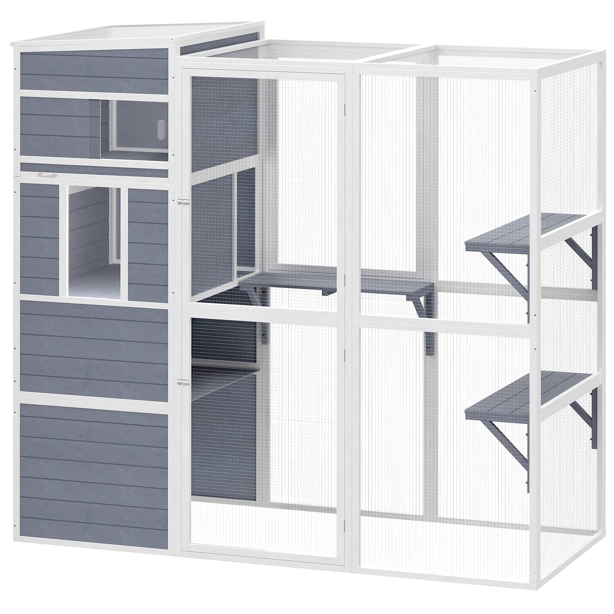 ComfortXL - Enclos pour chat extérieur bois gris avec 3 plateformes et toit résistant pour 3 à 4 chats jusqu’à 10 kg - Image 10