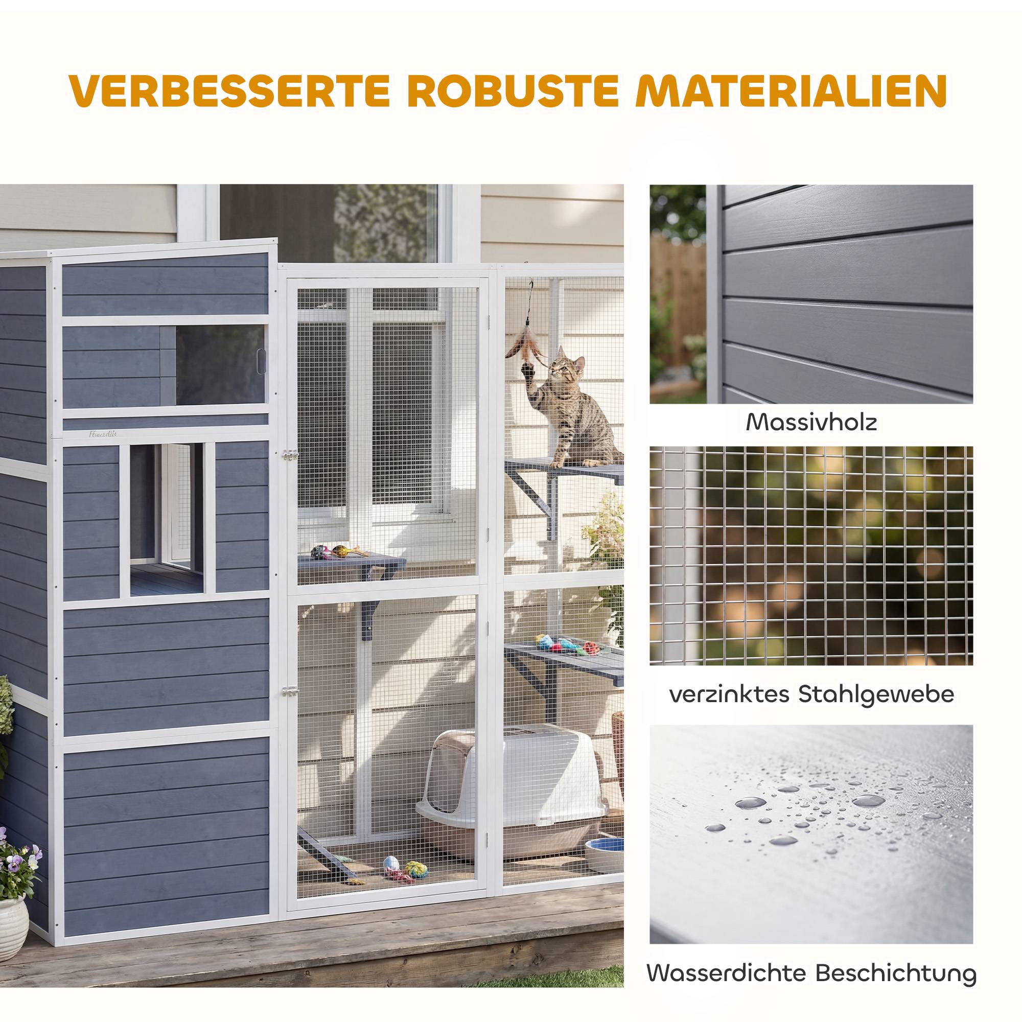 ComfortXL - Enclos pour chat extérieur bois gris avec 3 plateformes et toit résistant pour 3 à 4 chats jusqu’à 10 kg - Image 8