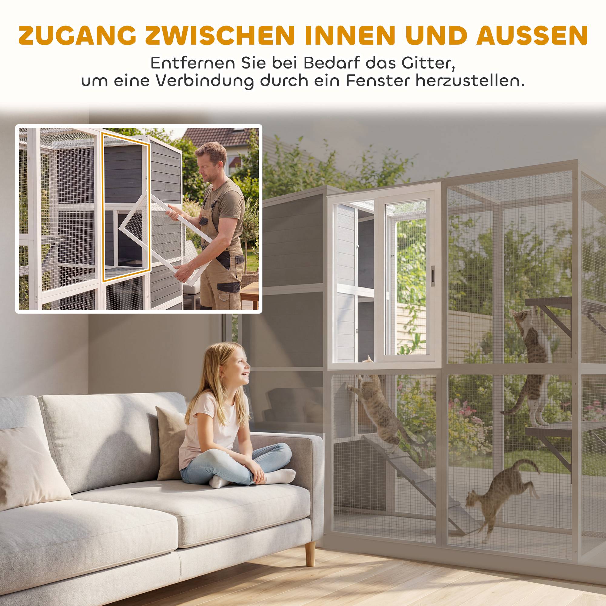 ComfortXL - Enclos pour chat extérieur bois gris avec 3 plateformes et toit résistant pour 3 à 4 chats jusqu’à 10 kg - Image 5
