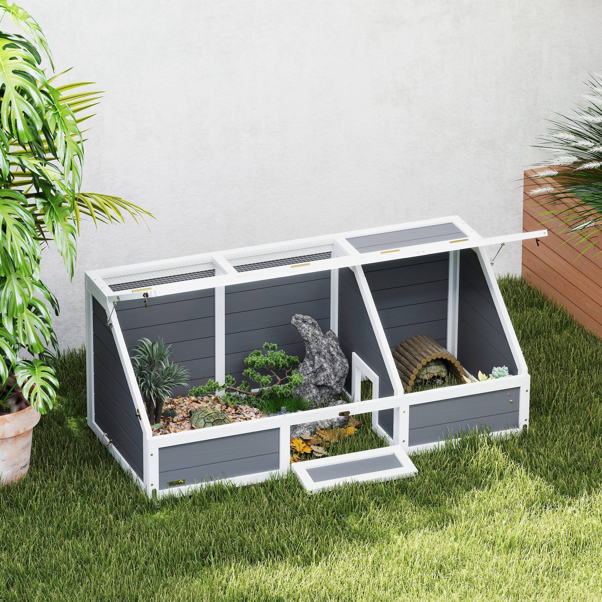 ComfortXL - Enclos tortue extérieur en bois de sapin 120 x 55 x 20/50 cm gris clair sans fond avec ancrage sécurisé - Image 1
