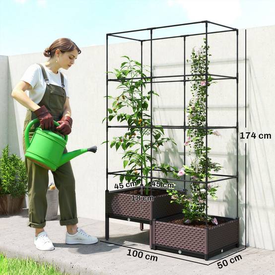 Jardinière avec treillis métallique pour plantes grimpantes, 2 pots en polypropylène avec trous de drainage, 100 x 50 x 174 cm, noire - Image 5