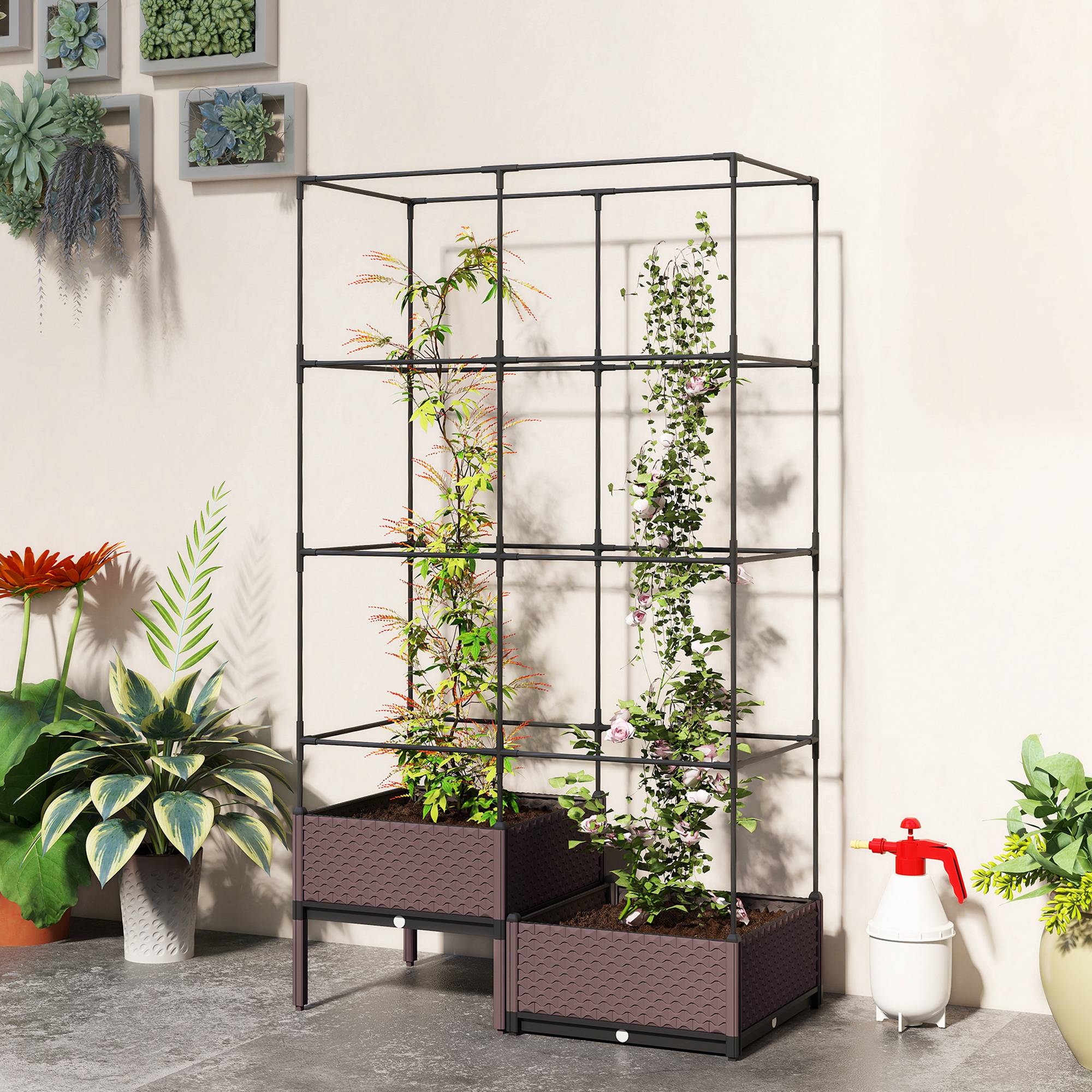 Jardinière avec treillis métallique pour plantes grimpantes, 2 pots en polypropylène avec trous de drainage, 100 x 50 x 174 cm, noire - Image 4