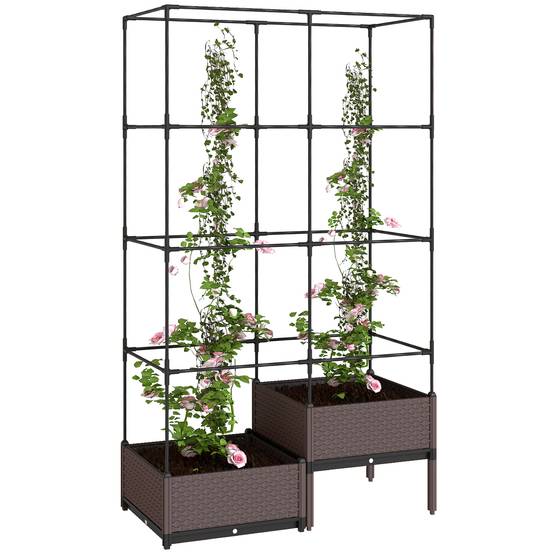 Jardinière avec treillis métallique pour plantes grimpantes, 2 pots en polypropylène avec trous de drainage, 100 x 50 x 174 cm, noire - Image 1