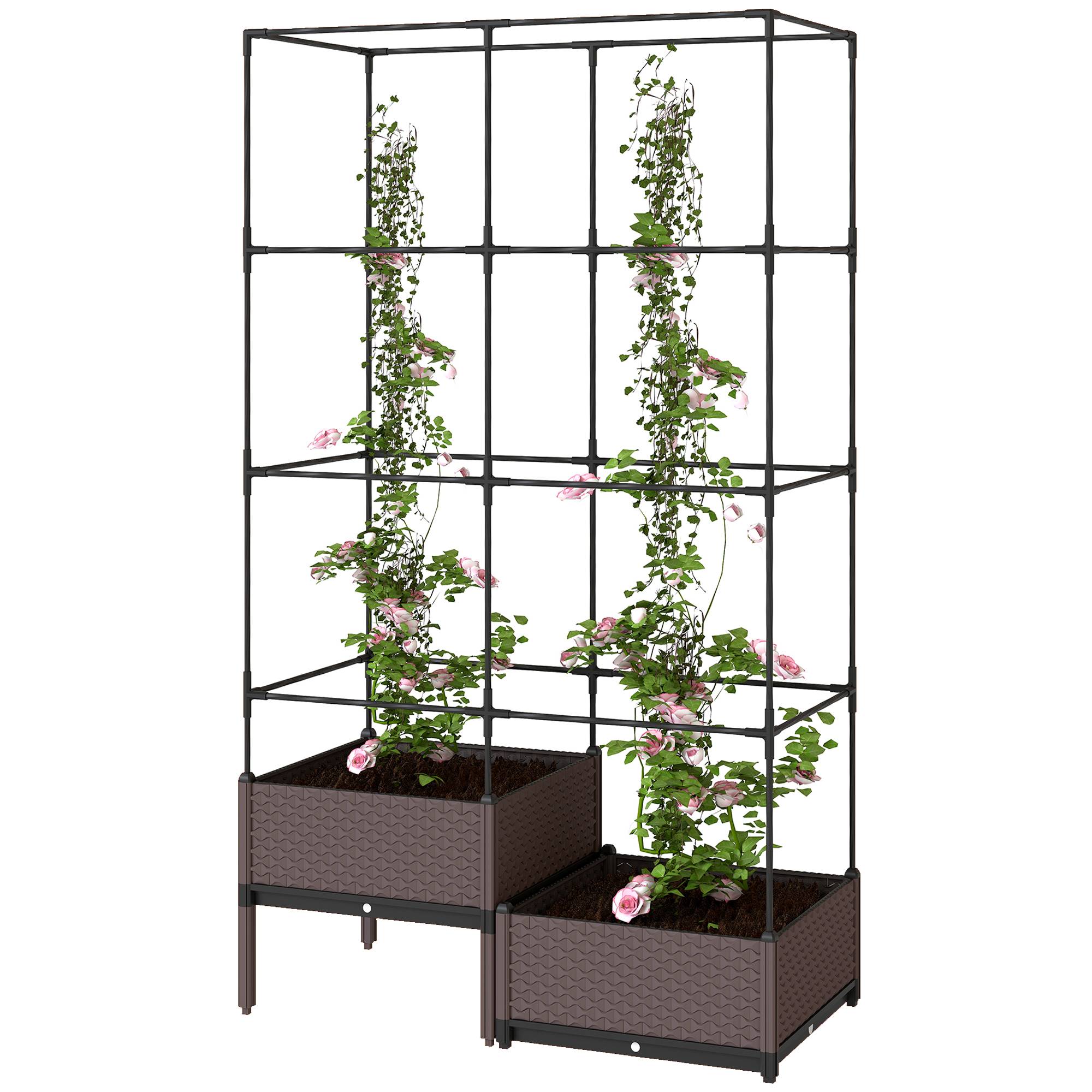 Jardinière avec treillis métallique pour plantes grimpantes, 2 pots en polypropylène avec trous de drainage, 100 x 50 x 174 cm, noire - Image 2