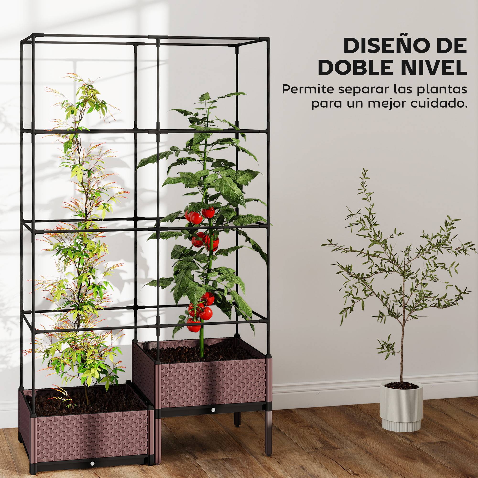 Jardinière avec treillis métallique pour plantes grimpantes, 2 pots en polypropylène avec trous de drainage, 100 x 50 x 174 cm, noire - Image 6