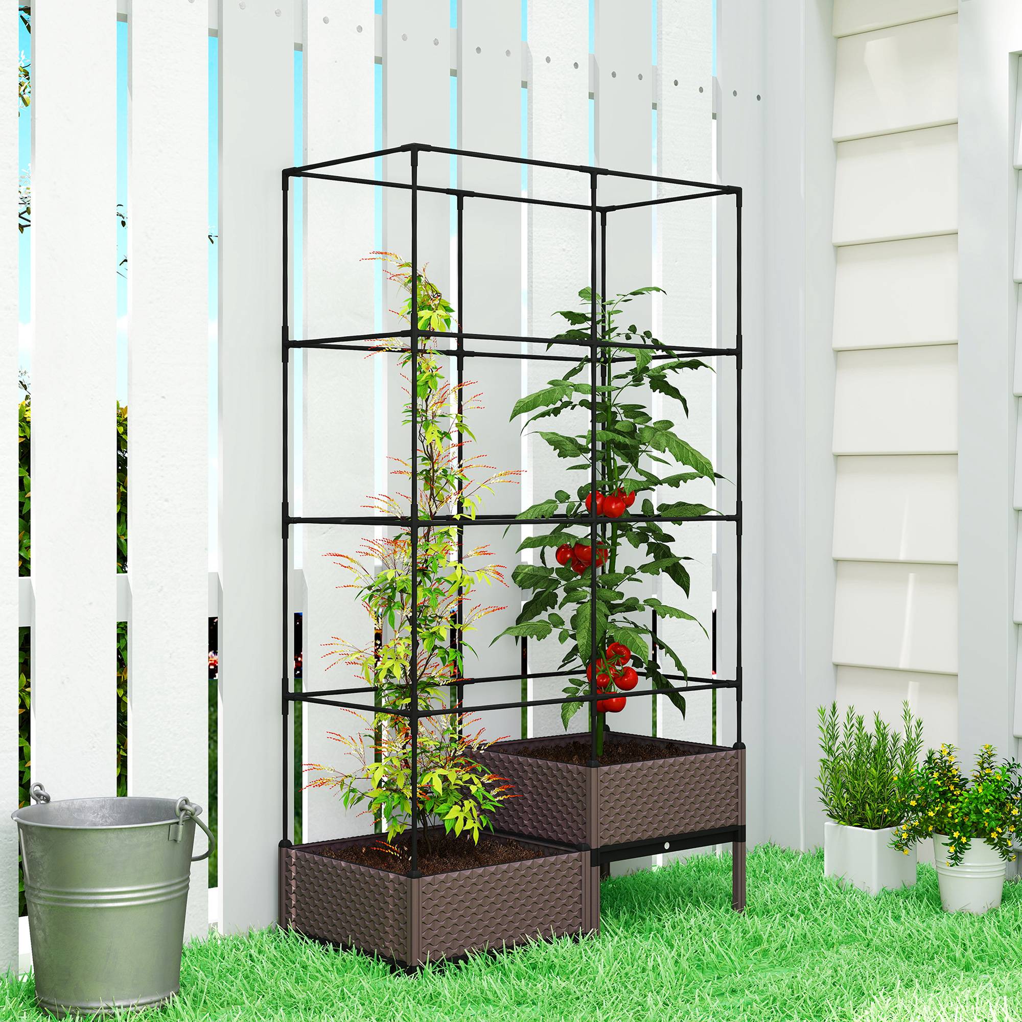 Jardinière avec treillis métallique pour plantes grimpantes, 2 pots en polypropylène avec trous de drainage, 100 x 50 x 174 cm, noire - Image 10