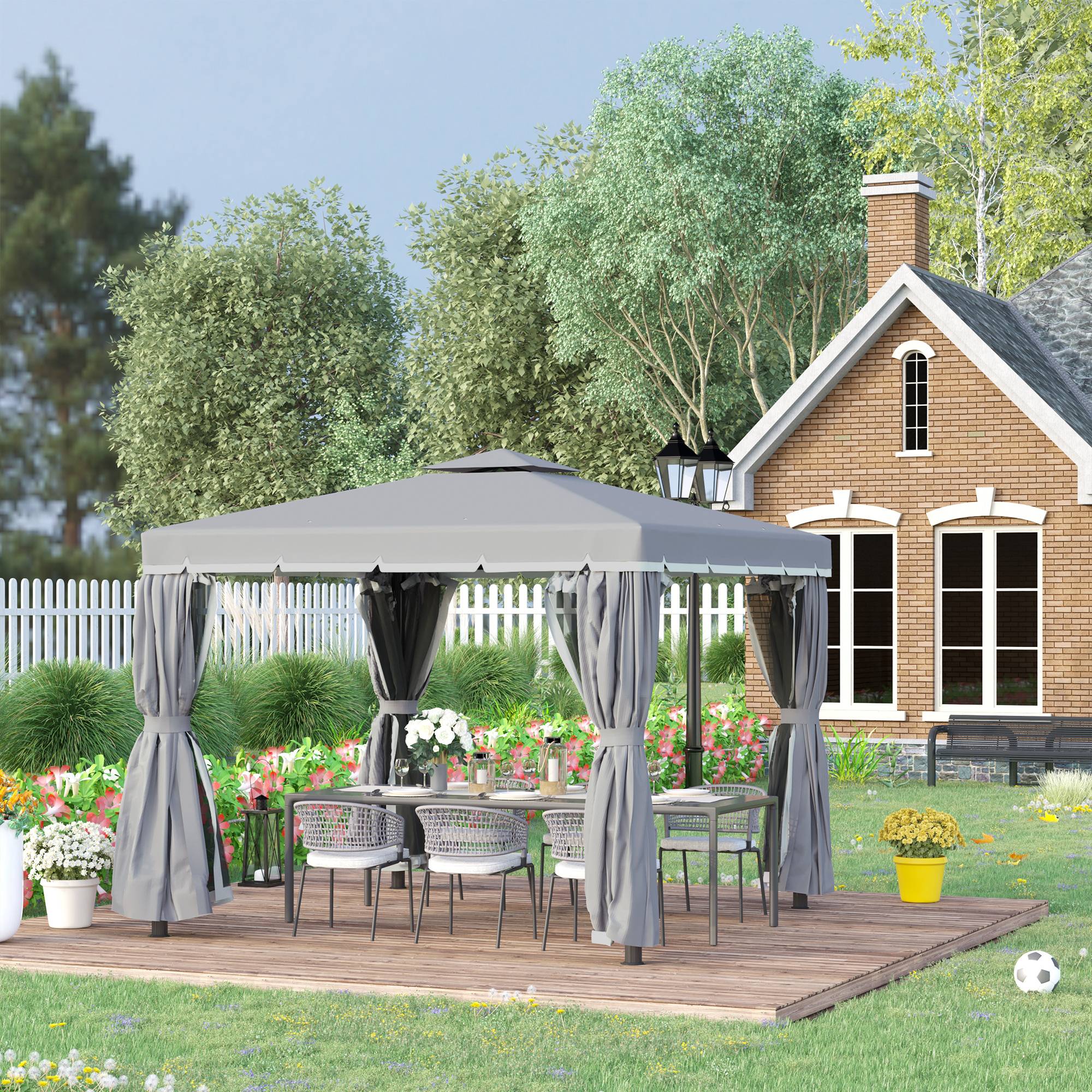 Tonnelle de jardin extérieur 3 x 3 m, barnum avec toit double, rideaux et moustiquaire, cadre en aluminium, gris foncé - Image 4