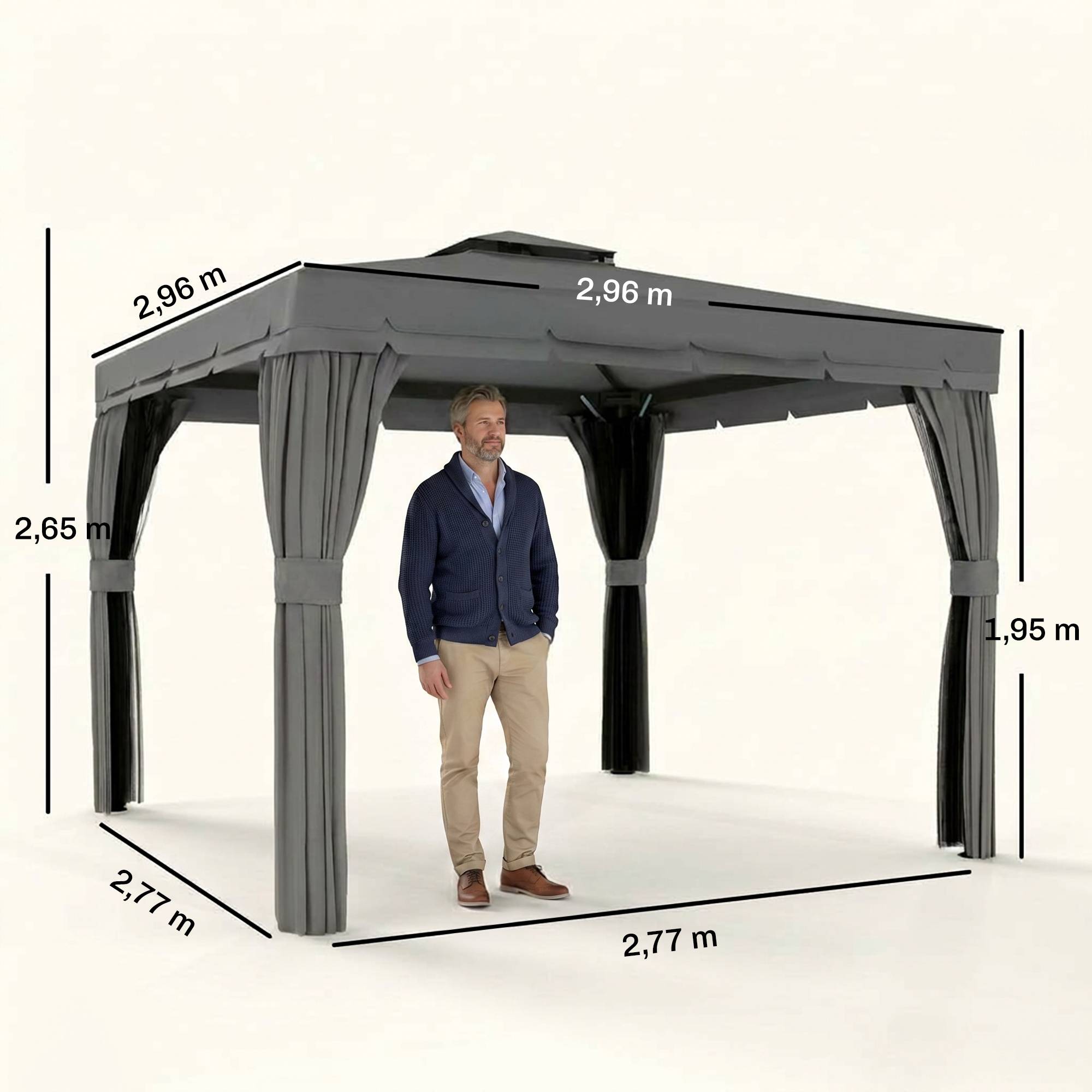 Tonnelle de jardin extérieur 3 x 3 m, barnum avec toit double, rideaux et moustiquaire, cadre en aluminium, gris foncé - Image 5