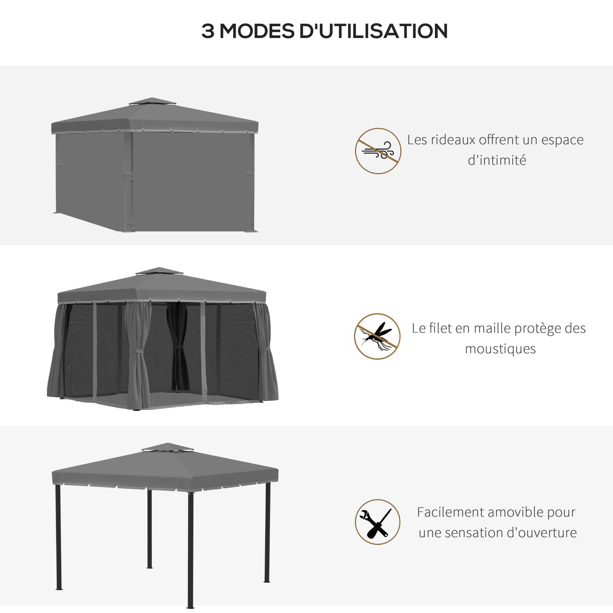Tonnelle de jardin extérieur 3 x 3 m, barnum avec toit double, rideaux et moustiquaire, cadre en aluminium, gris foncé - Image 8