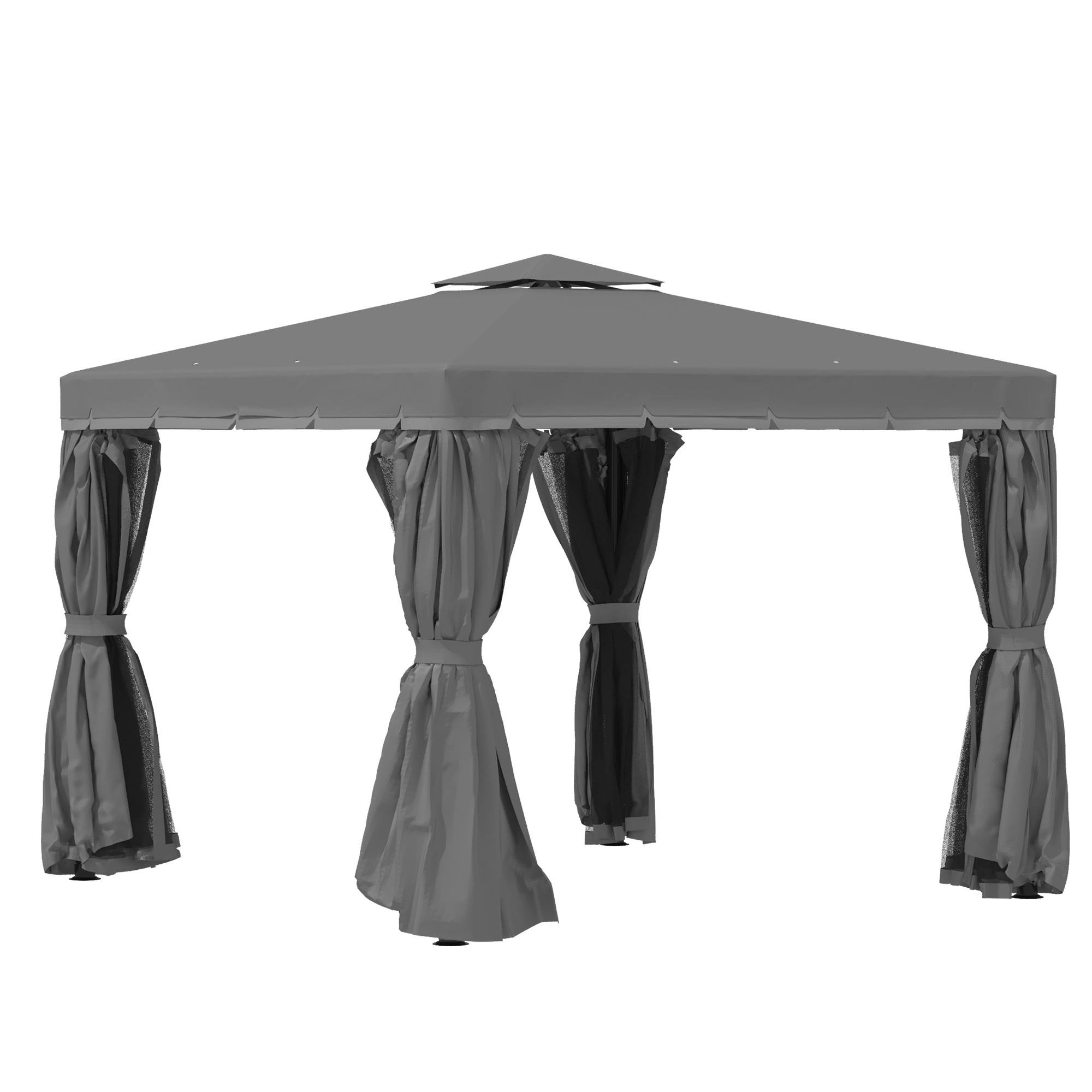 Tonnelle de jardin extérieur 3 x 3 m, barnum avec toit double, rideaux et moustiquaire, cadre en aluminium, gris foncé - Image 1