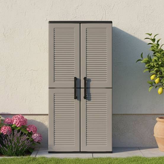Dmora - Armoire d'extérieur Dambrosin, Meubles de balcon, Armoire polyvalente avec étagères, 68x37h163 cm, Gris et Noir, Finition rayée - Dmora - Image 2
