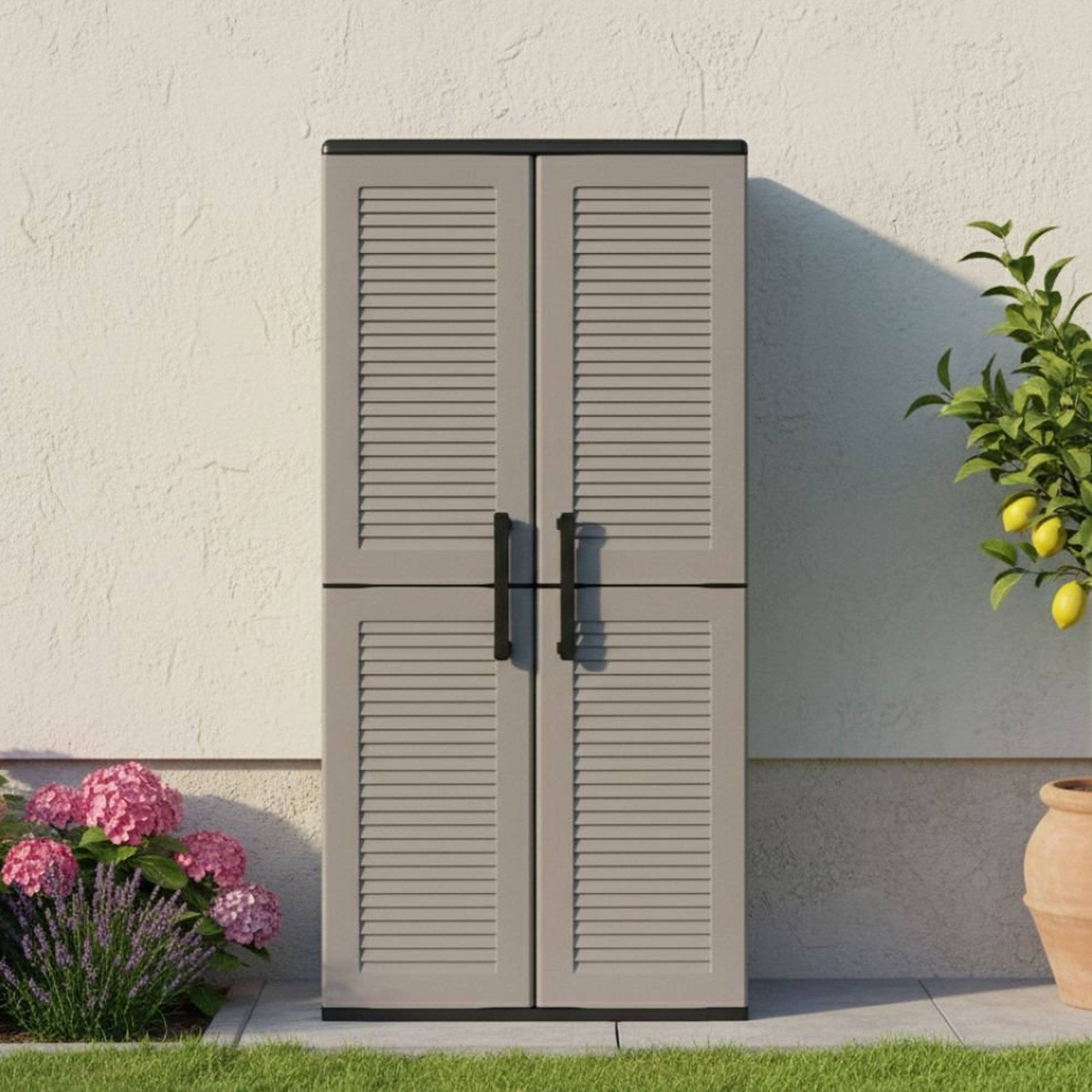 Dmora - Armoire d'extérieur Dambrosin, Meubles de balcon, Armoire polyvalente avec étagères, 68x37h163 cm, Gris et Noir, Finition rayée - Dmora - Image 2