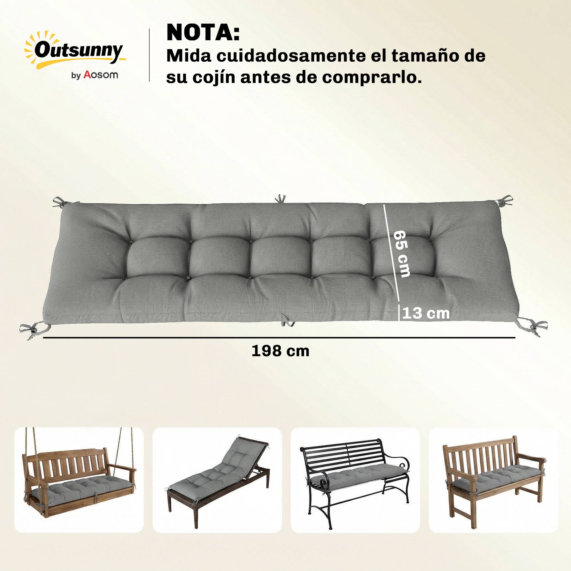 Coussin de banc d'extérieur avec sangles de fixation, protection UV50+, rebond lent, intérieur/extérieur, 198 x 65 x 13 cm, gris - Image 5