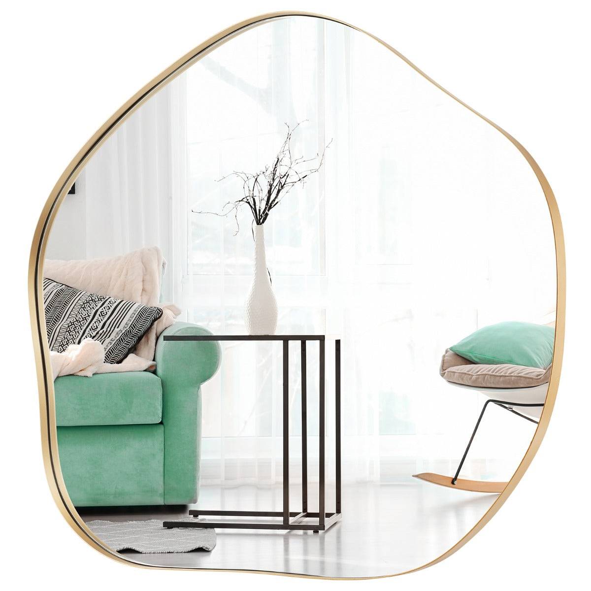 Helloshop26 - Miroir mural irrégulier 75,5 x 70 cm miroir asymétrique avec cadre en métal avec vis d'expansion miroir de courtoisie décoratif pour salon or - Image 1