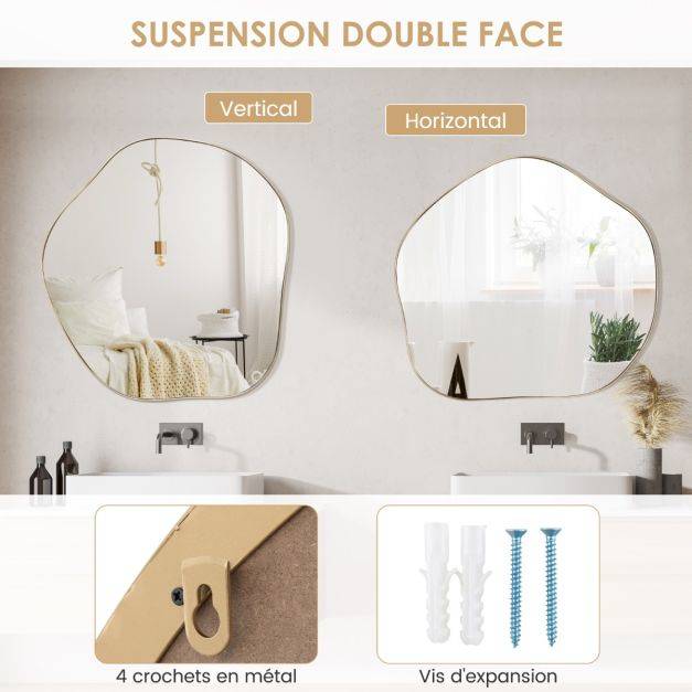 Helloshop26 - Miroir mural irrégulier 75,5 x 70 cm miroir asymétrique avec cadre en métal avec vis d'expansion miroir de courtoisie décoratif pour salon or - Image 3