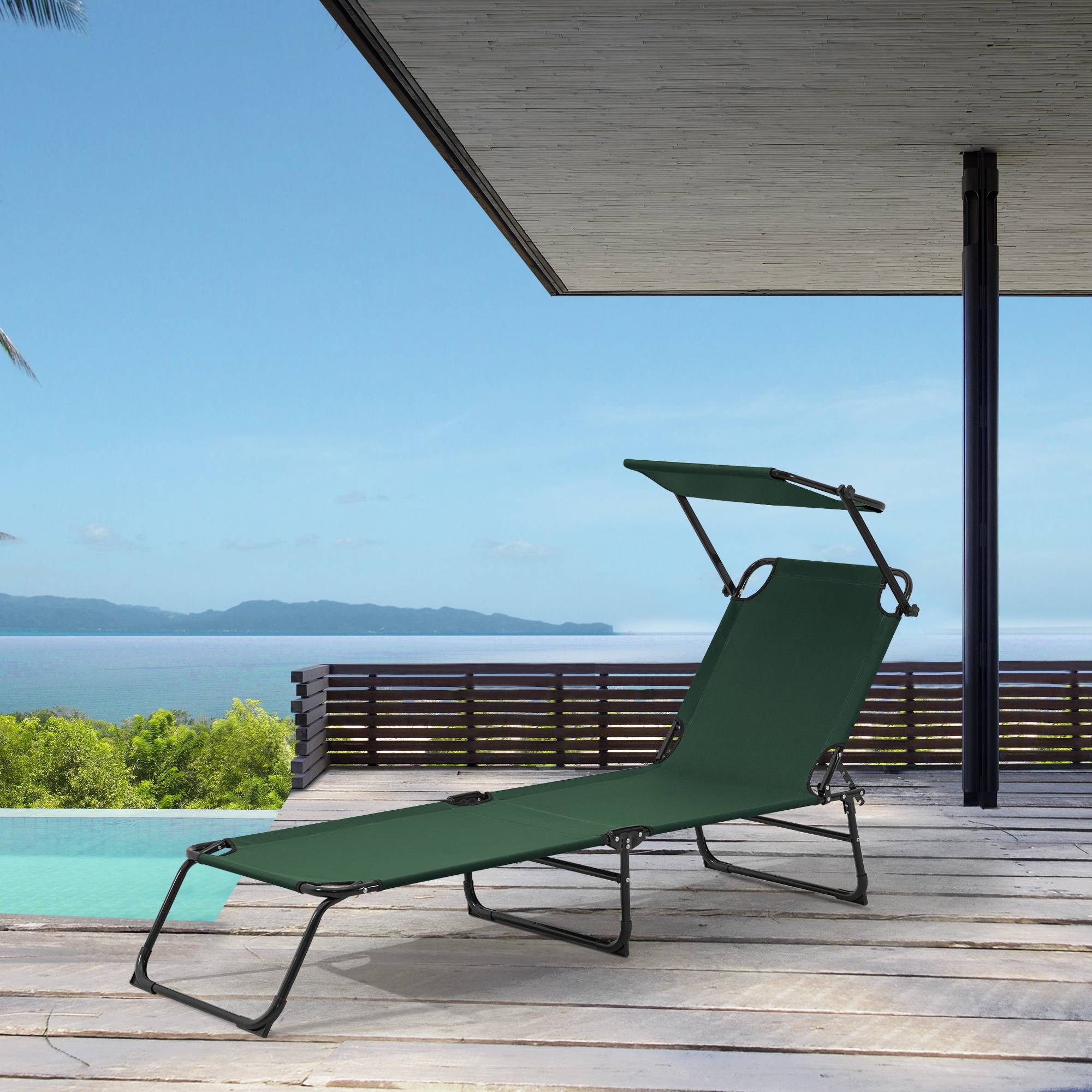 Casa.Pro - Bain de Soleil Pliable Lomeda avec Pare-soleil Vert Foncé 187 x 53 x 27 cm [casa.pro] - Image 2