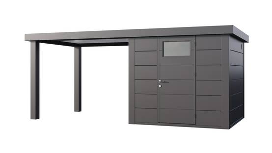 Telluria - Abri de jardin en acier de 5,7 m² anthracite à porte simple CLASSICO 2424 avec auvent 6,8 m² ouvert à gauche - TELLURIA - Image 1
