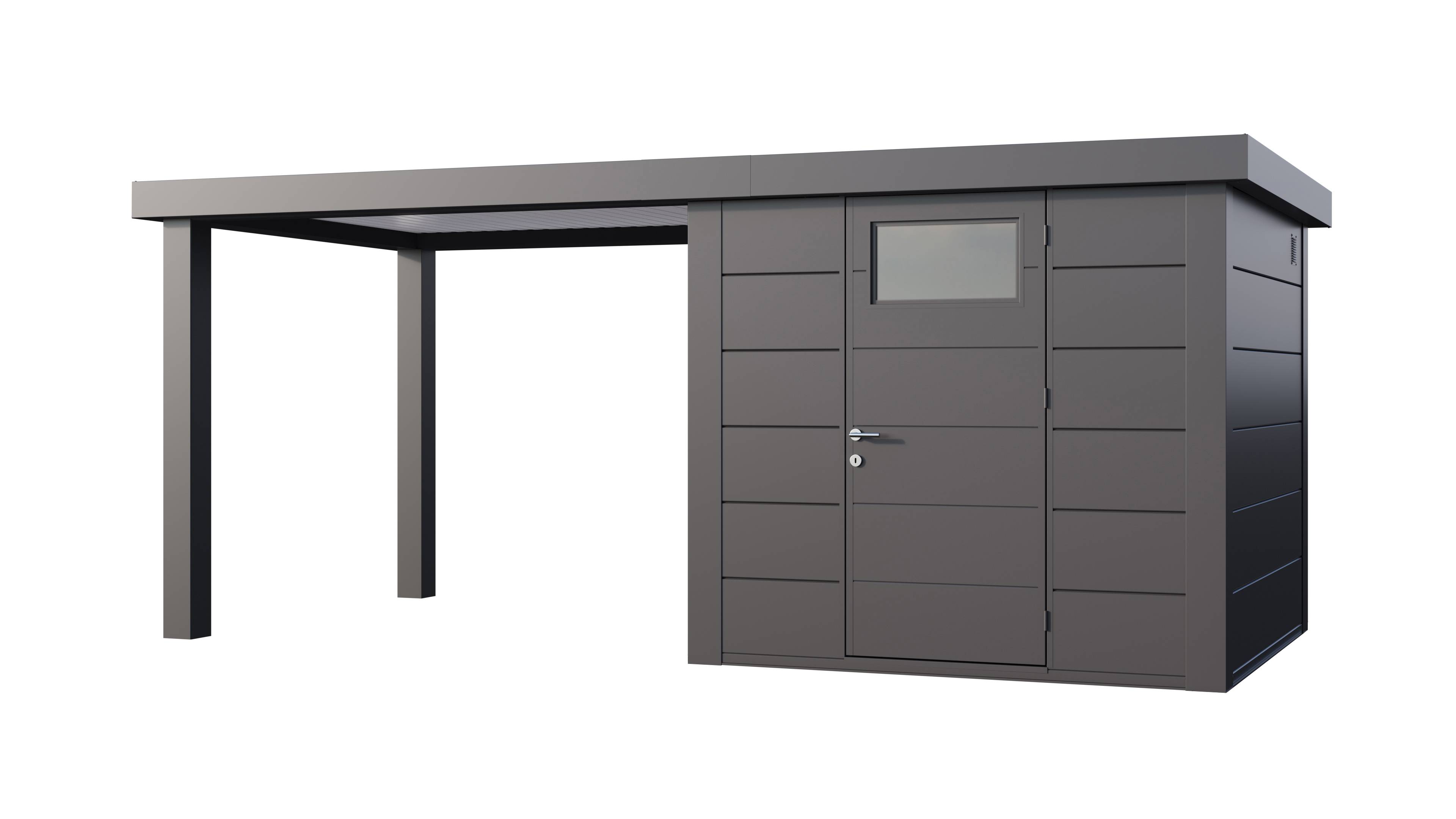 Telluria - Abri de jardin en acier de 5,7 m² anthracite à porte simple CLASSICO 2424 avec auvent 6,8 m² ouvert à gauche - TELLURIA - Image 1