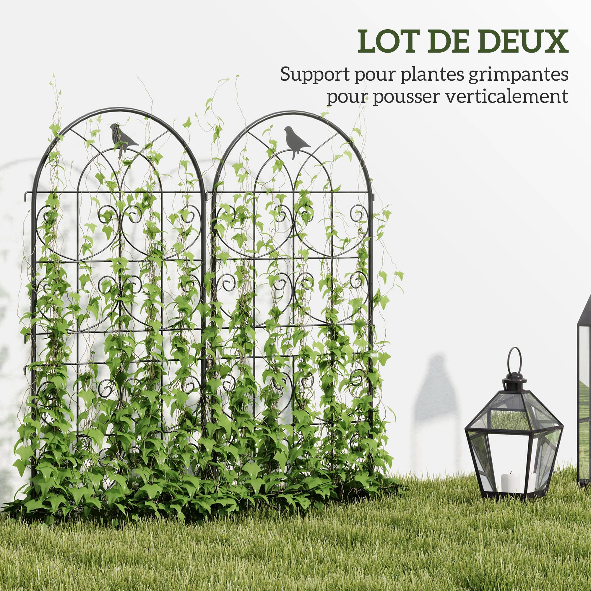 Lot de 2 treillis jardin métal plantes grimpantes motifs oiseaux 120cm noir - ComfortXL Outdoor Living - Image 6