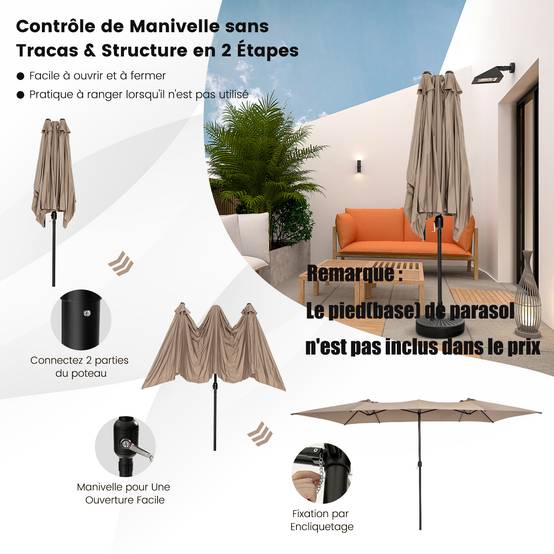 Parasol de Jardin Extérieur 426 x 260 CM XXL, Parasol Terrasse à 10 côtes Cadre Métal Poignée Manivelle Sommet Ventilé Café - Image 6