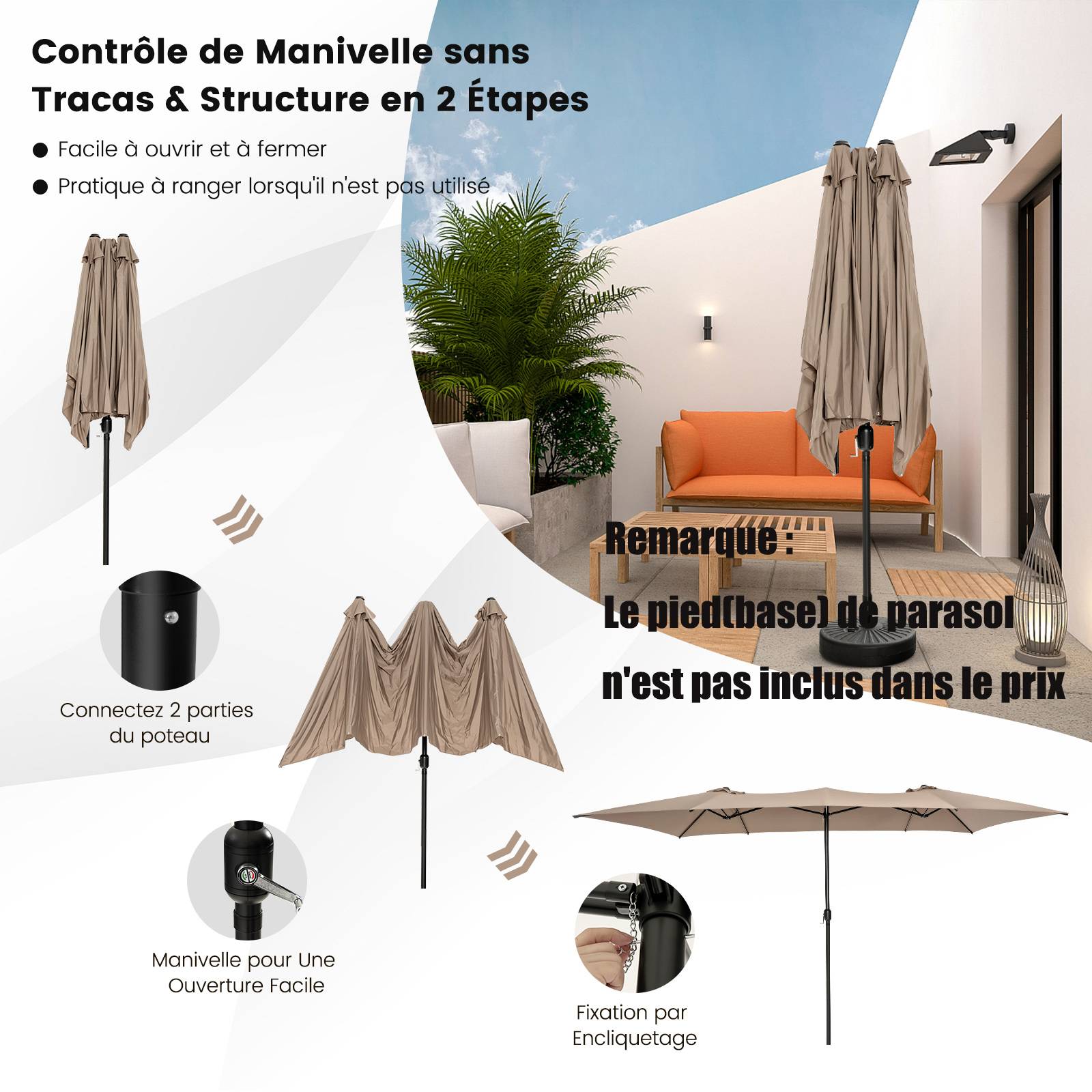 Parasol de Jardin Extérieur 426 x 260 CM XXL, Parasol Terrasse à 10 côtes Cadre Métal Poignée Manivelle Sommet Ventilé Café - Image 6