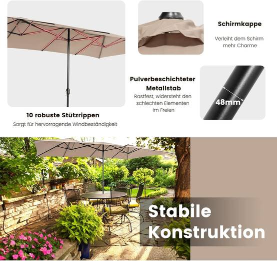 Parasol de Jardin Extérieur 426 x 260 CM XXL, Parasol Terrasse à 10 côtes Cadre Métal Poignée Manivelle Sommet Ventilé Café - Image 5