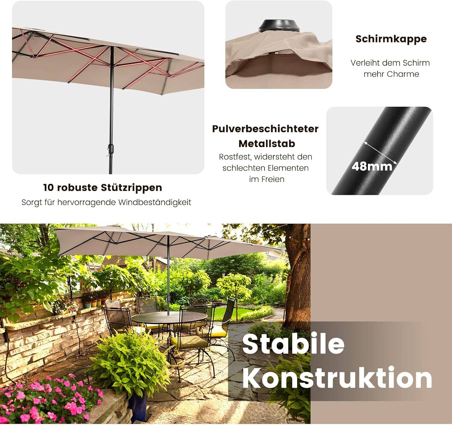 Parasol de Jardin Extérieur 426 x 260 CM XXL, Parasol Terrasse à 10 côtes Cadre Métal Poignée Manivelle Sommet Ventilé Café - Image 5