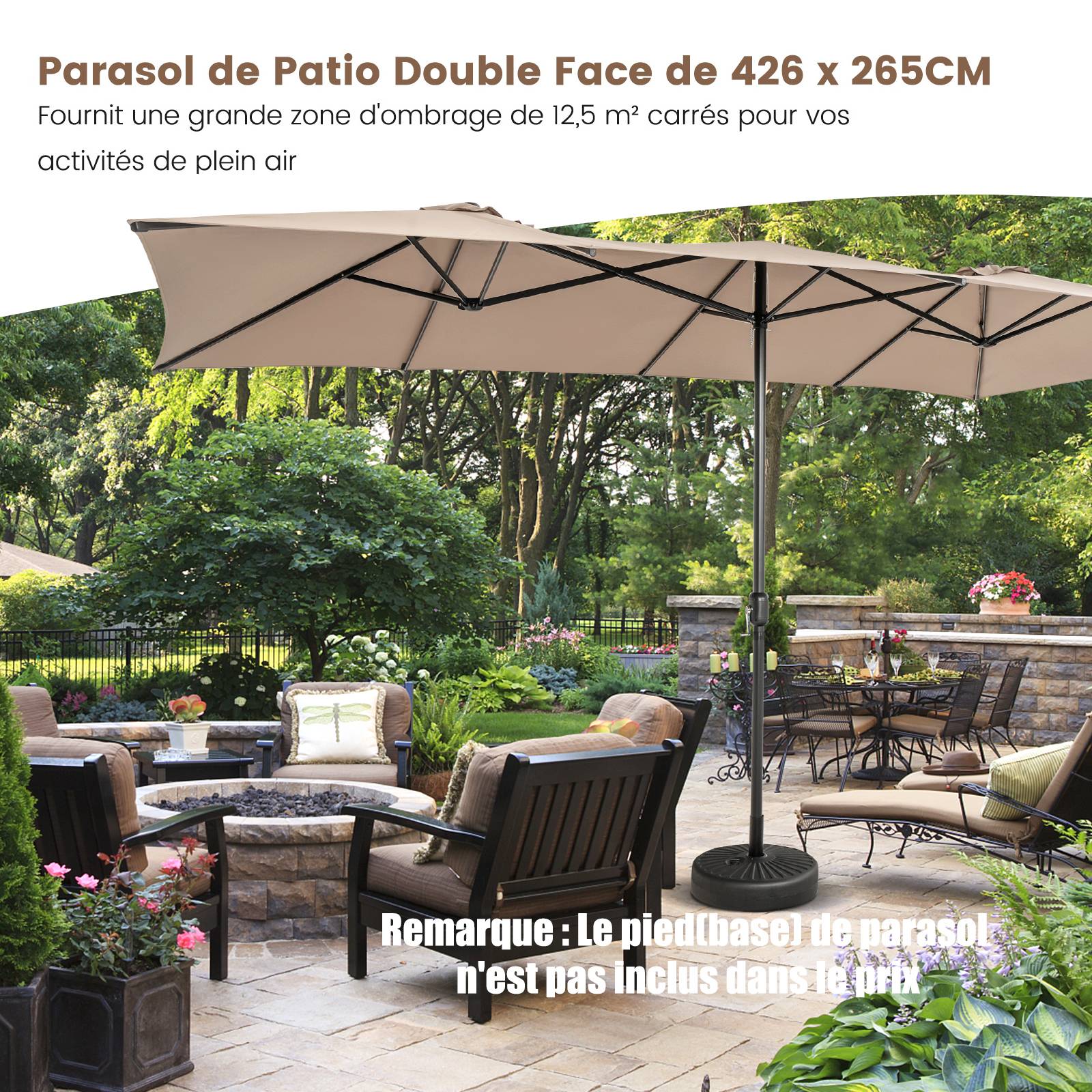 Parasol de Jardin Extérieur 426 x 260 CM XXL, Parasol Terrasse à 10 côtes Cadre Métal Poignée Manivelle Sommet Ventilé Café - Image 7