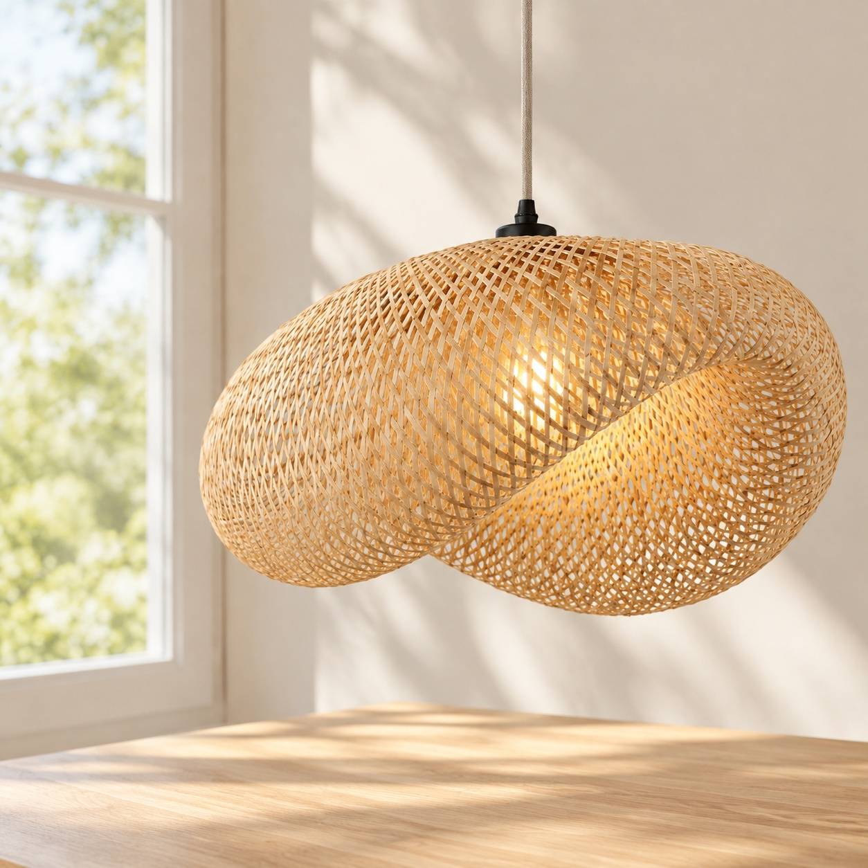 Suspension en Rotin Tresse Artisanale Abat-jour en Bambou Design Chapeau - Image 9