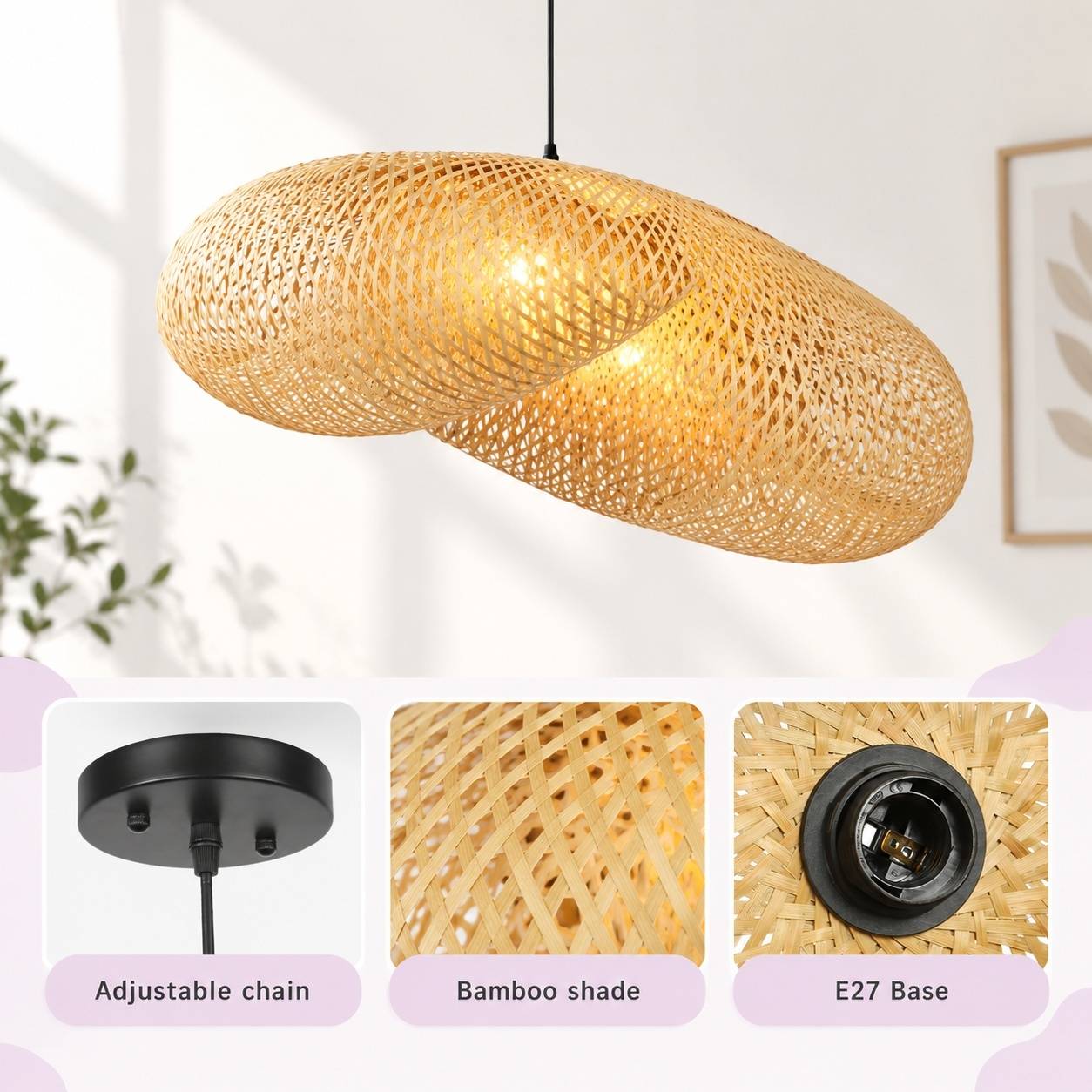 Suspension en Rotin Tresse Artisanale Abat-jour en Bambou Design Chapeau - Image 4