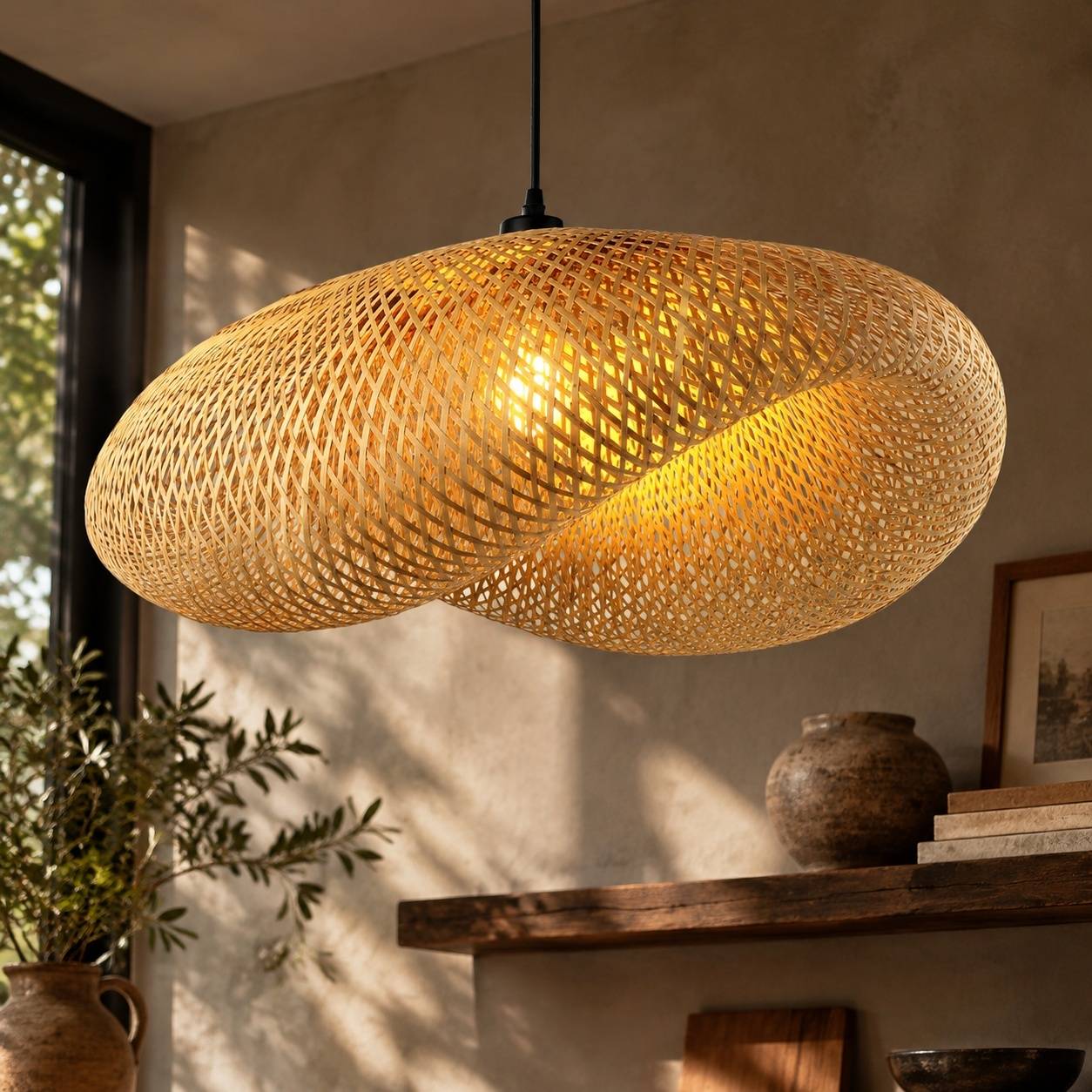 Suspension en Rotin Tresse Artisanale Abat-jour en Bambou Design Chapeau - Image 8