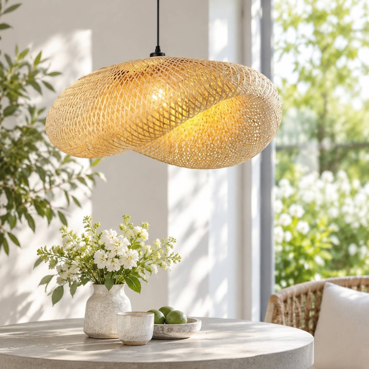 Suspension en Rotin Tresse Artisanale Abat-jour en Bambou Design Chapeau - Image 6