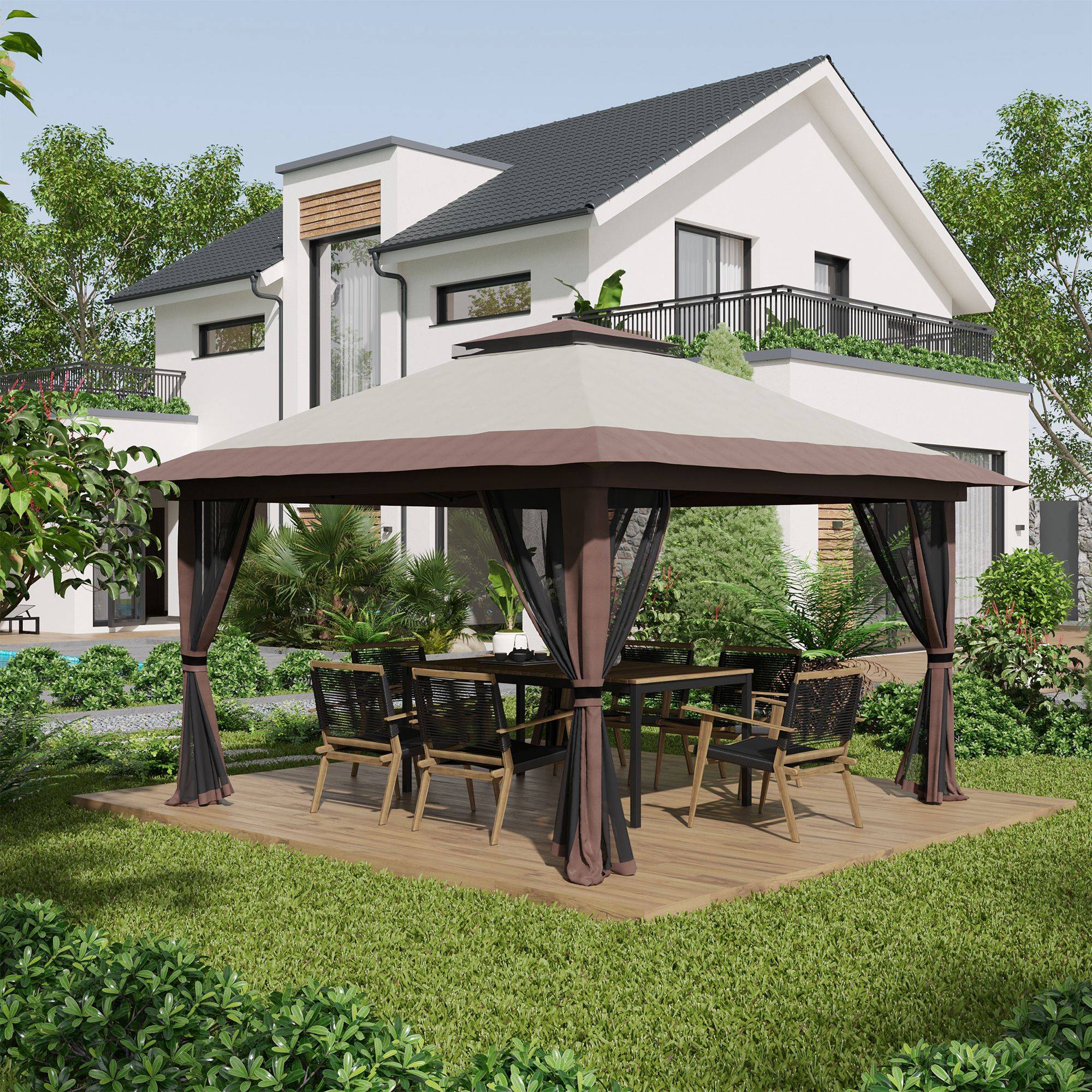 Maison Chic - Tonnelle barnum de jardin pop-up pliant double toit anti UV 50+ avec moustiquaires 3,9x3,9m Beige fr470 - Image 3