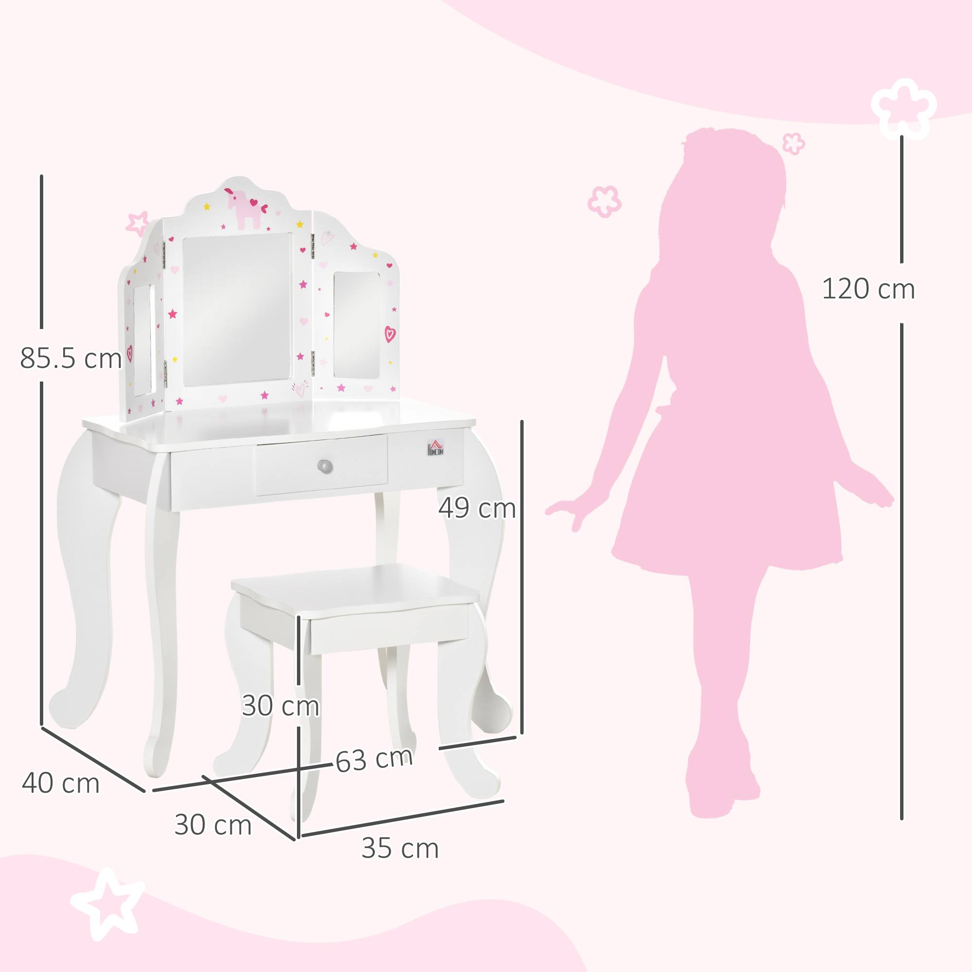 Sans Marque - Coiffeuse enfant avec tabouret, table de maquillage avec triple miroir et tiroir, 63 x 40 x 85,5 cm, blanche - Image 5