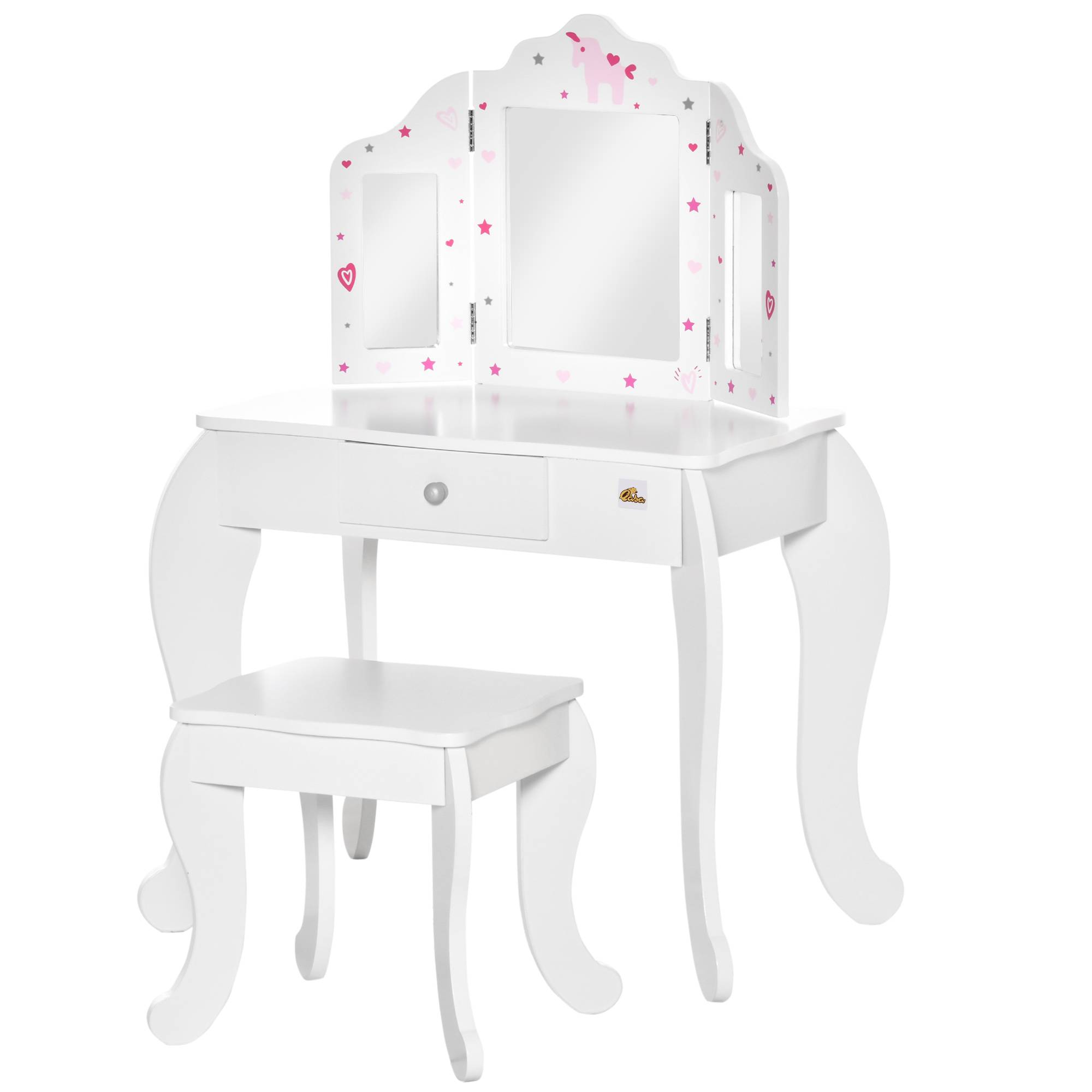 Sans Marque - Coiffeuse enfant avec tabouret, table de maquillage avec triple miroir et tiroir, 63 x 40 x 85,5 cm, blanche - Image 2