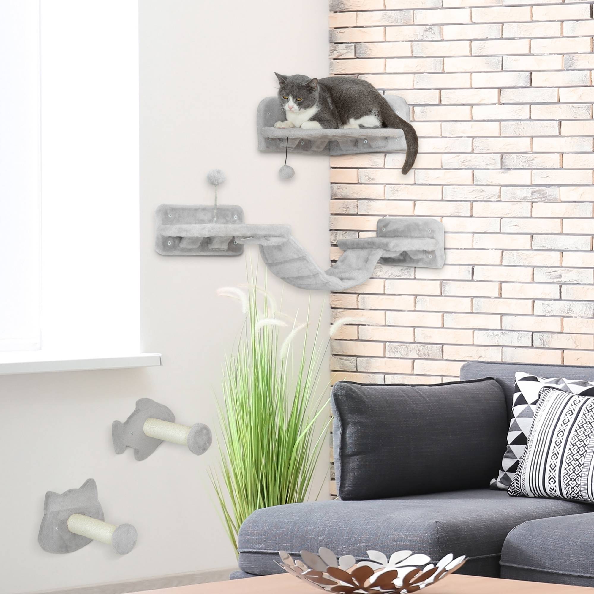 Sans Marque - Set escaliers 4 pièces, marches sisal, double plateforme, Gris clair/Blanc crème - Image 3