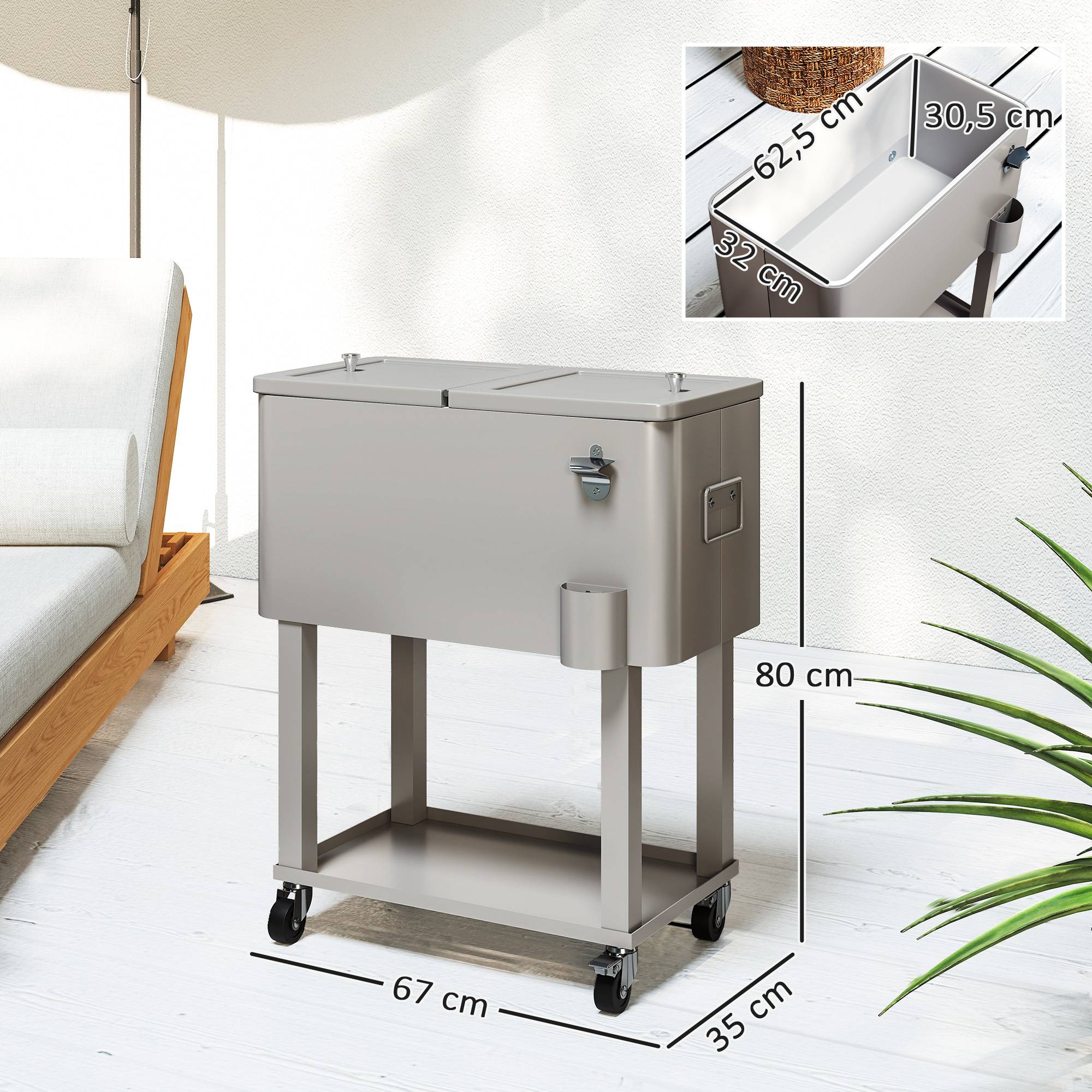 ComfortXL - Chariot glacière à cuve isolée 56 L gris clair pour terrasse et jardin avec roues freinées - ComfortXL Outdoor Living - Image 5
