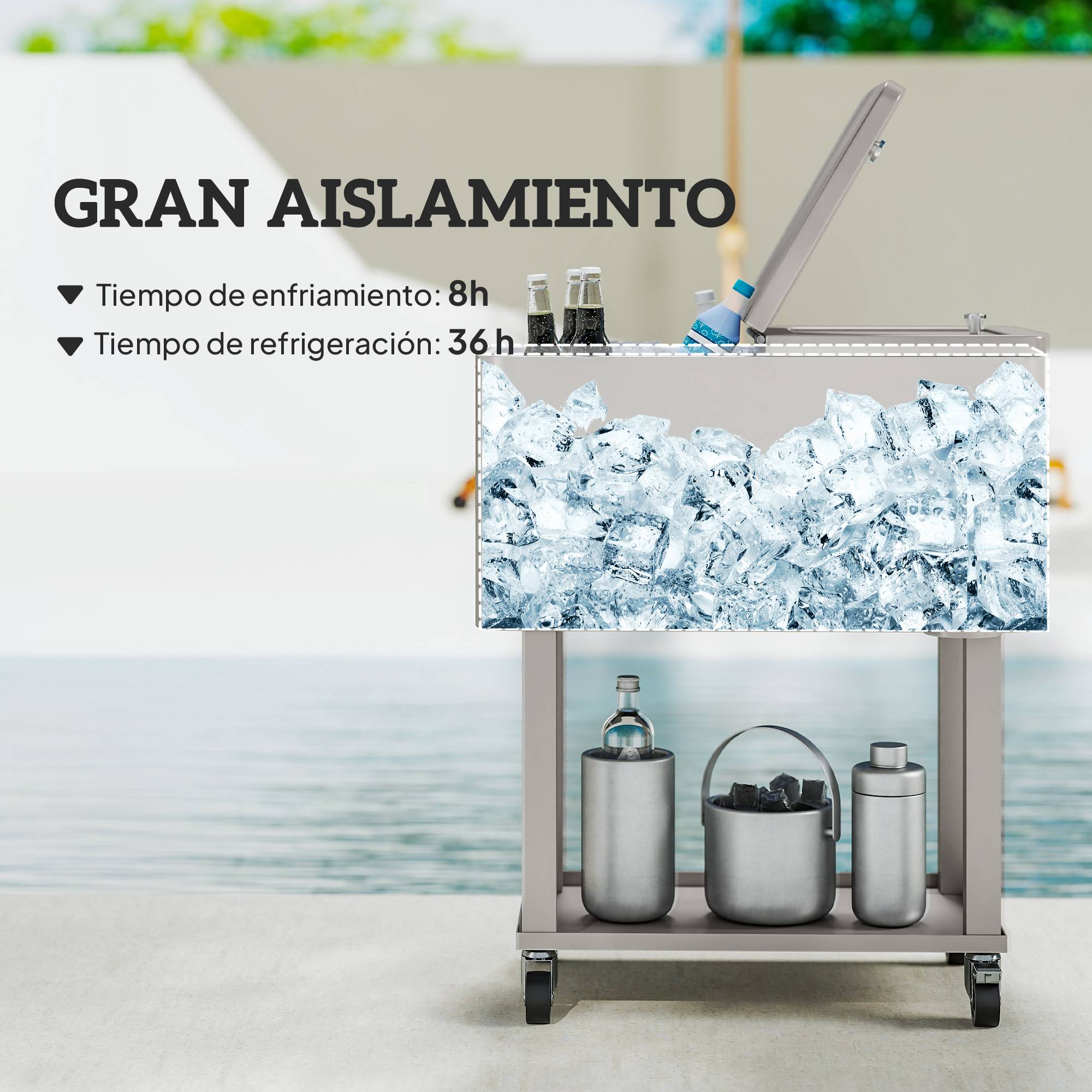 ComfortXL - Chariot glacière à cuve isolée 56 L gris clair pour terrasse et jardin avec roues freinées - ComfortXL Outdoor Living - Image 6