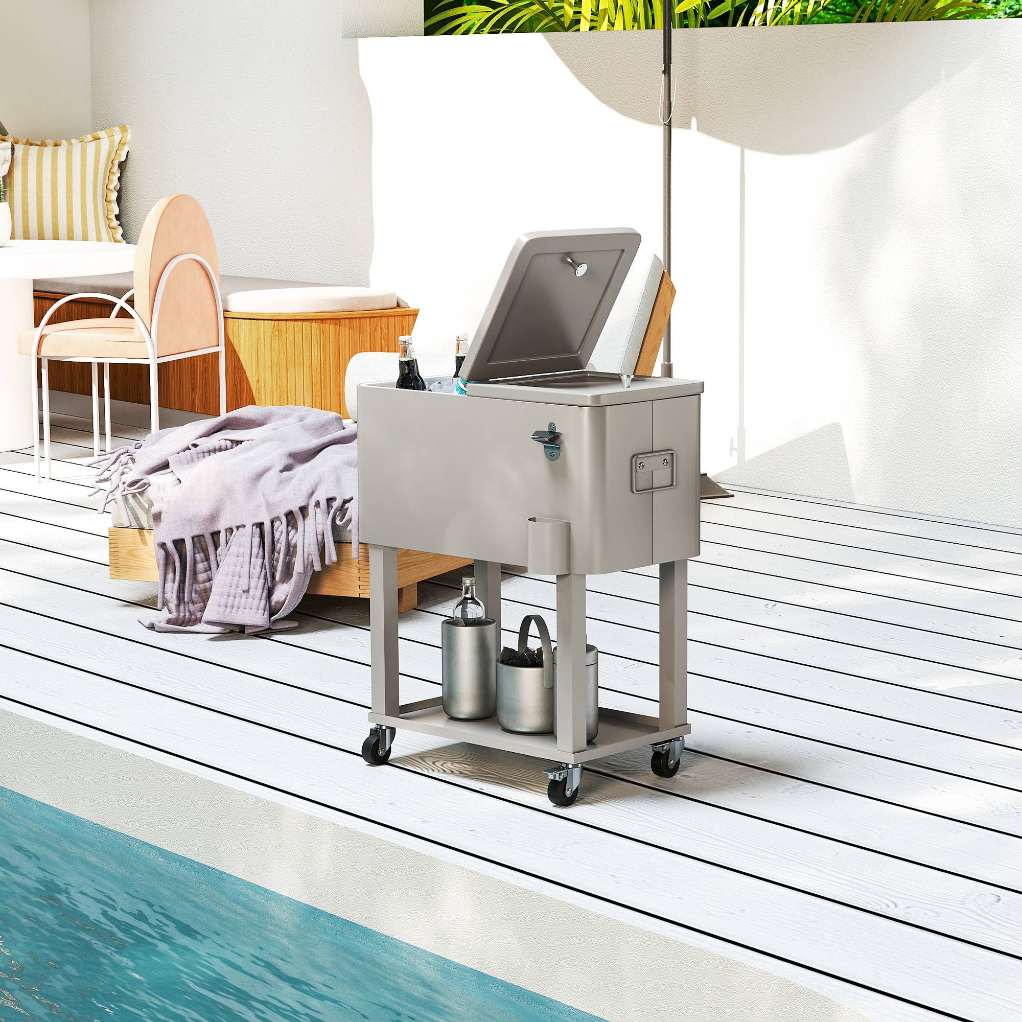 ComfortXL - Chariot glacière à cuve isolée 56 L gris clair pour terrasse et jardin avec roues freinées - ComfortXL Outdoor Living - Image 4