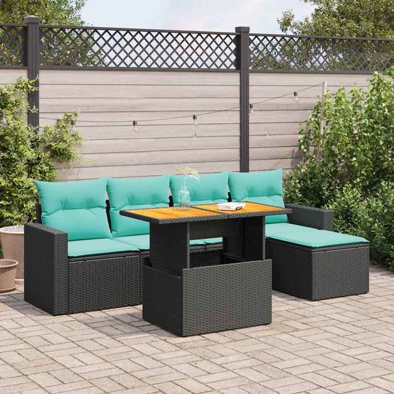 Set Canapé Jardin 6 pcs Résine Tressée Table Levable Pouf Rangement Coussins Moelleux Extérieur Noir – ComfortXL Outdoor Living - Image 1