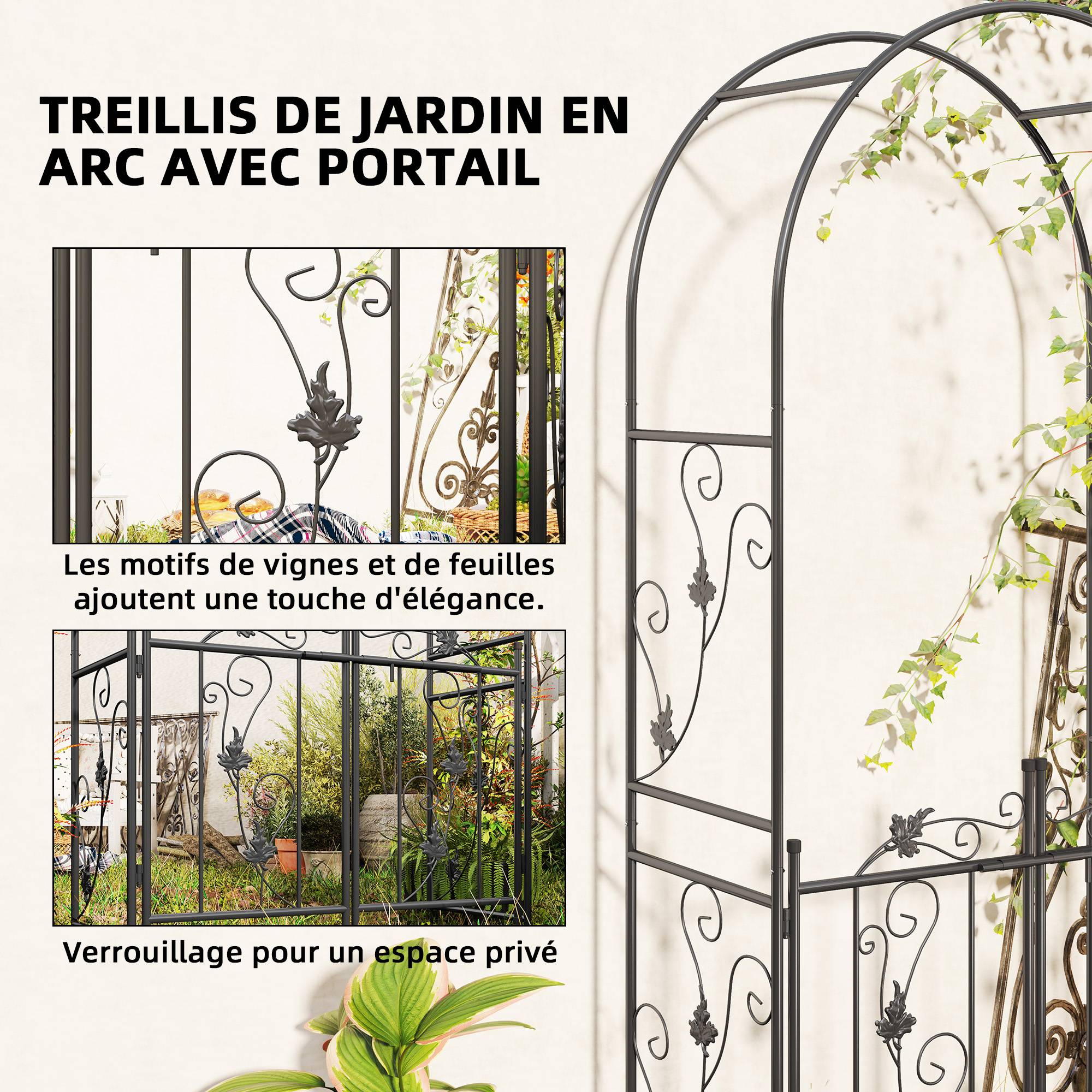 Outsunny - Arche de jardin arceau à rosiers avec double porte 107x45x217cm pour plantes grimpantes vignes glycine décoration cérémonie acier noir - Outsunny - Image 4
