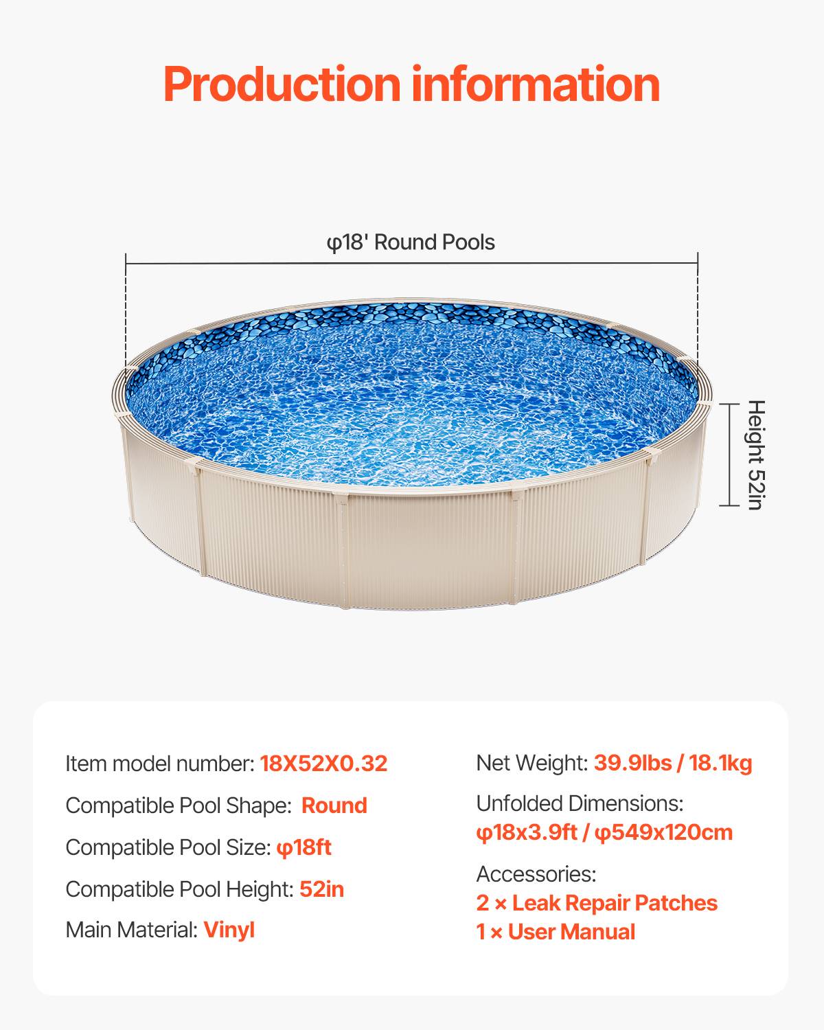 Vevor - VEVOR Doublure piscine ronde 549x120 cm, vinyle 0,32 mm, résistante au chlore et aux UV, compatible perles/J, 2 patchs inclus. - Image 6