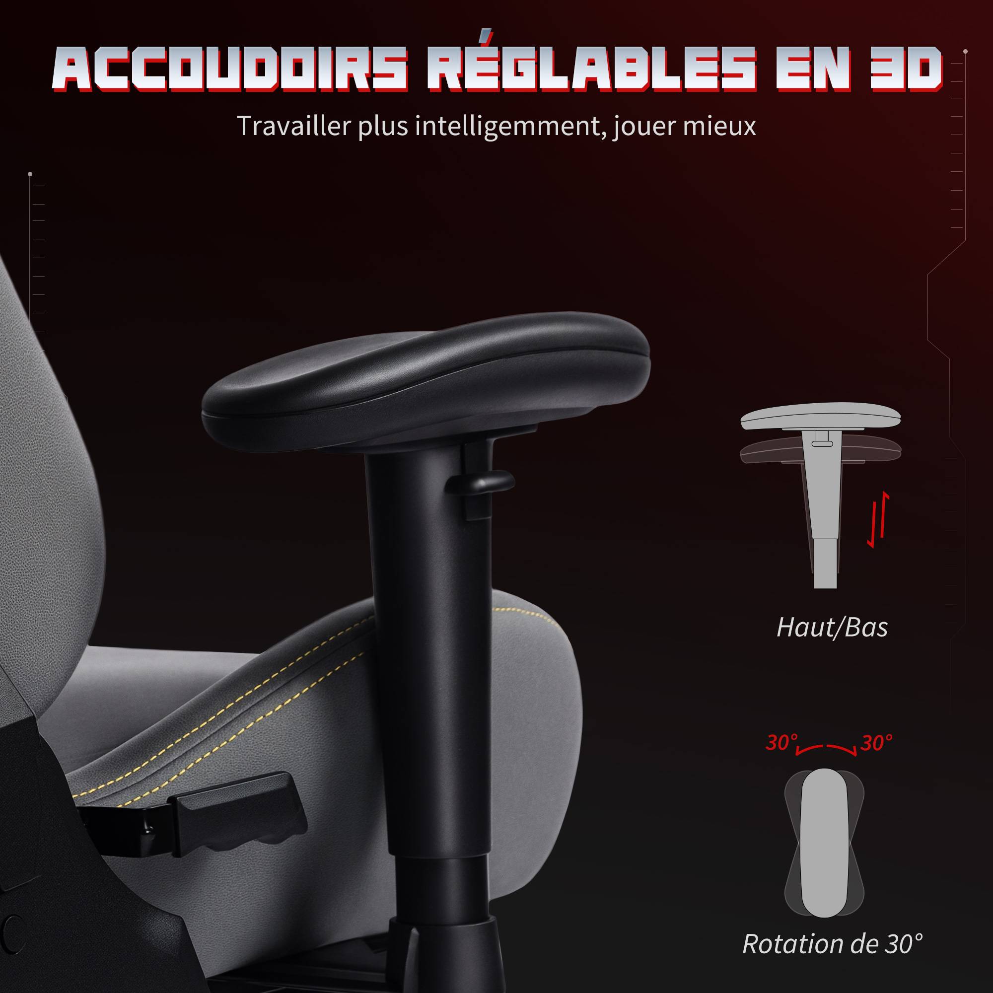 Sans Marque - Chaise gaming ergonomique, fauteuil gamer avec accoudoirs 3D, dossier inclinable, hauteur réglable, 72x76x132cm, gris - Image 8