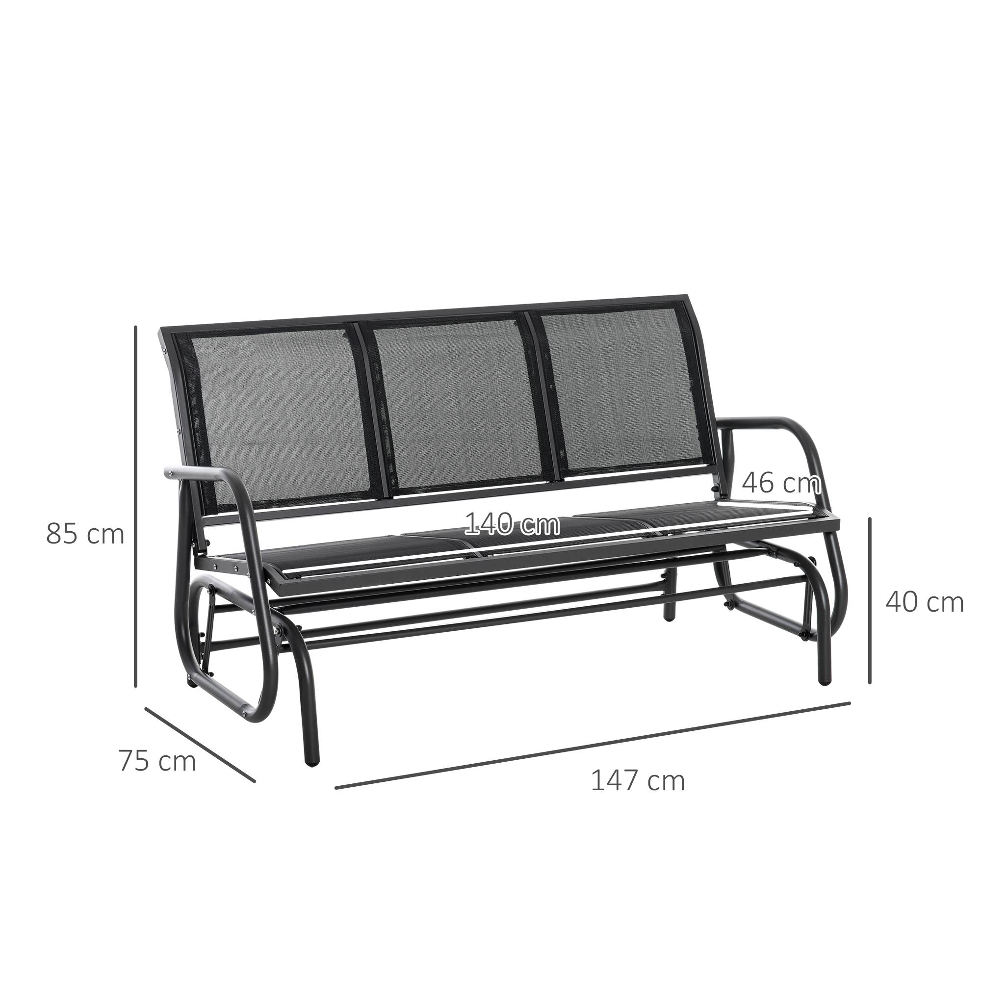 Outsunny - Banc à bascule de jardin 3 places design contemporain grand confort accoudoirs assise et dossier ergonomique acier textilène noir - Outsunny - Image 3