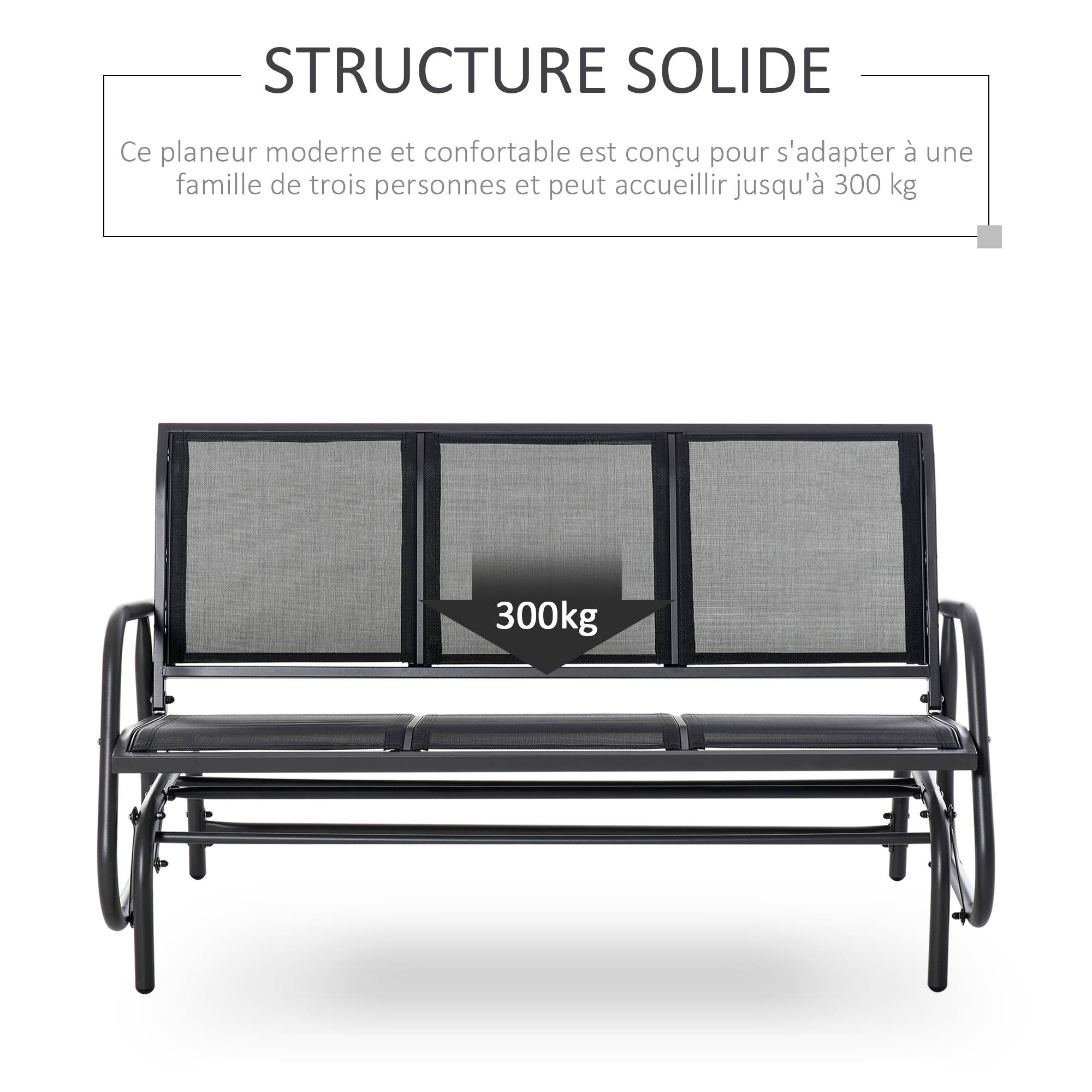 Outsunny - Banc à bascule de jardin 3 places design contemporain grand confort accoudoirs assise et dossier ergonomique acier textilène noir - Outsunny - Image 6