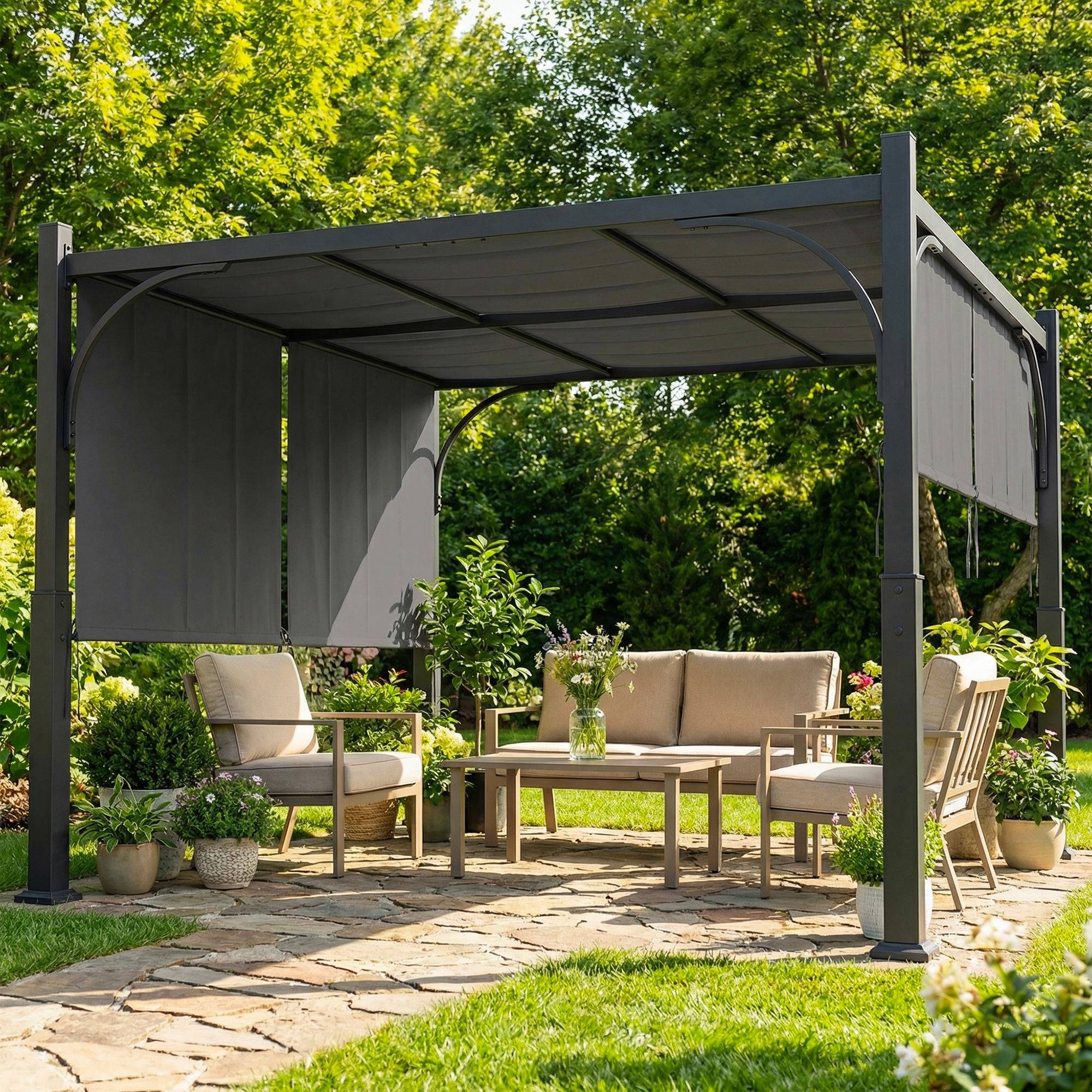 Pergola de jardin 3 x 3 m tonnelle de jardin avec Auvent coulissant, structure métallique, pour extérieur, Gris Foncé - Image 4