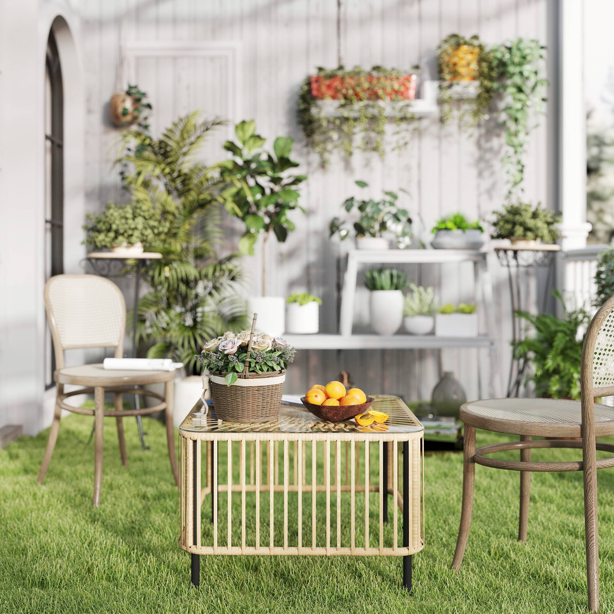 Table de jardin en polyrotin, 65 x 65 x 43 cm, table d'appoint résistante aux intempéries, carrée avec plateau en verre, bois naturel - Image 9