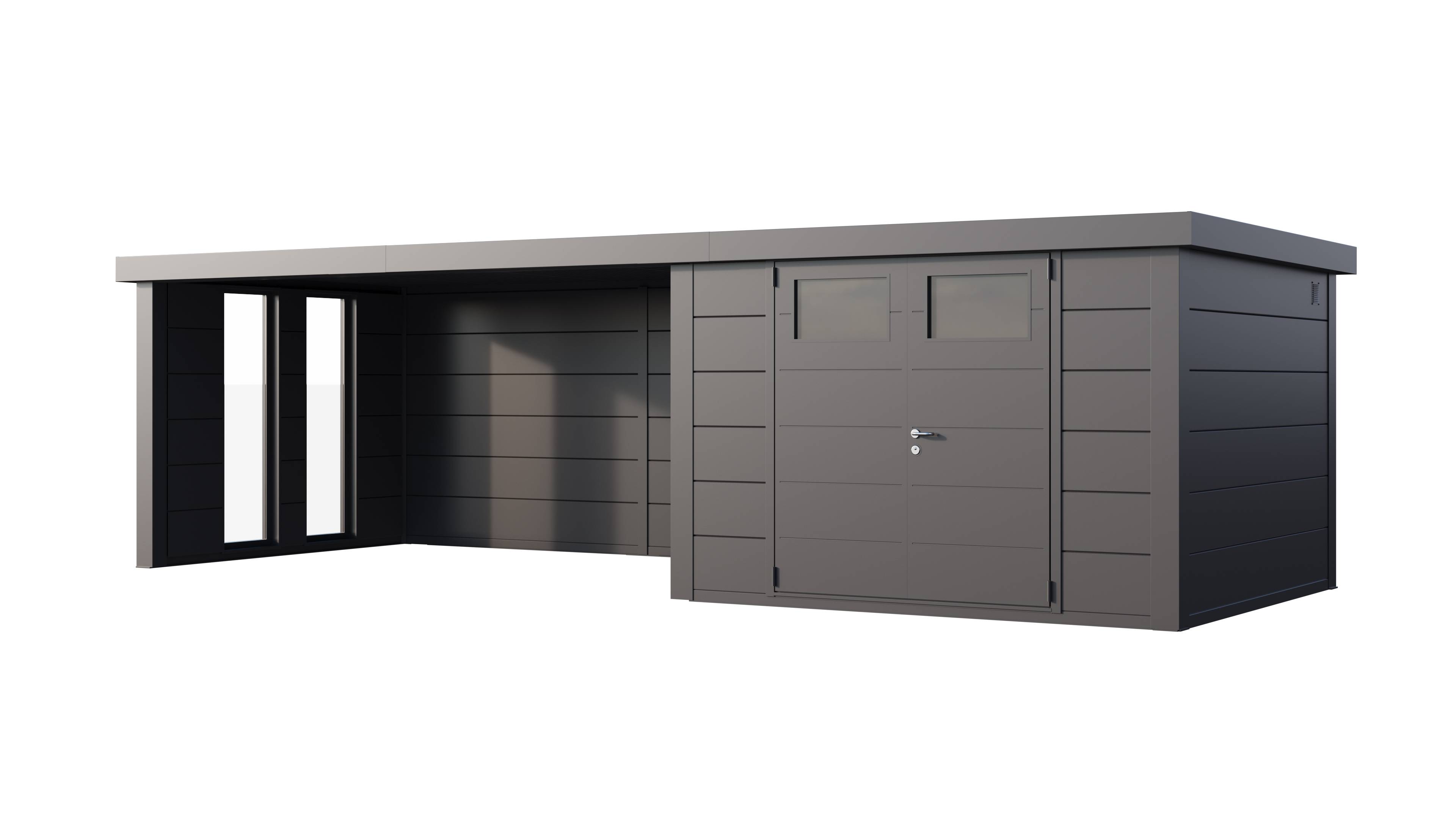 Telluria - Abri de jardin en acier de 8,9 m² anthracite CLASSICO 3030 avec auvent 13,8 m²  fermé sur la gauche et 2 fenêtres - TELLURIA - Image 1