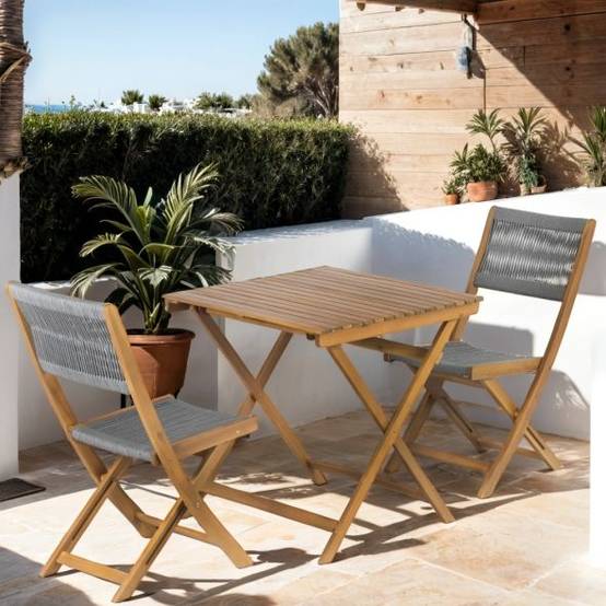 Ensemble repas BARI pliable 2 personnes bois et corde grise Beau Rivage - Image 2