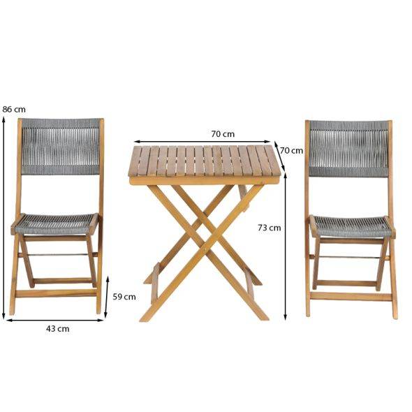 Ensemble repas BARI pliable 2 personnes bois et corde grise Beau Rivage - Image 3
